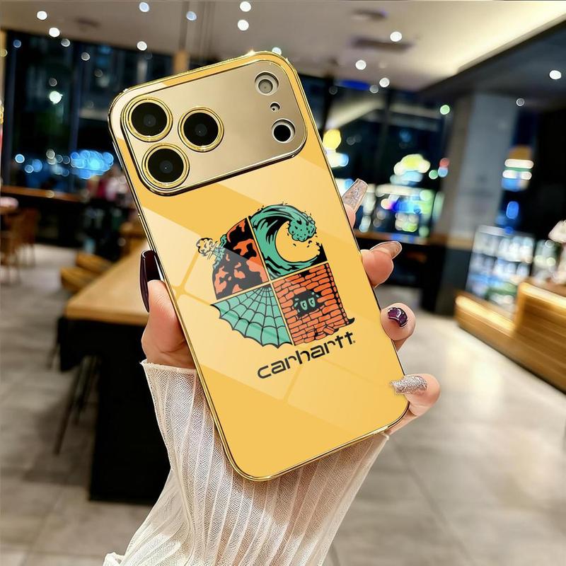 Famous Trend C-C-Carhartt Phone Case For iPhone 17 16 15 14 13 12 Pro Max Plus Electroplated Metal Bumper Case Slim Tempered Glass Back Shockproof Anti-Scratch Luxury Case Fashion Durable Stylish