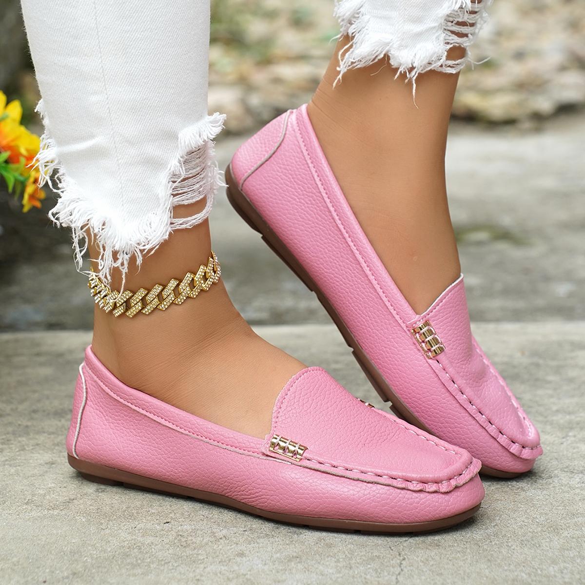 Women's Classic Plain Low Heel Shoes, Fashionable and Sexy, High-End Slant Metal Chain Decoration, Comfortable Casual Loafers, Slip On Shoes