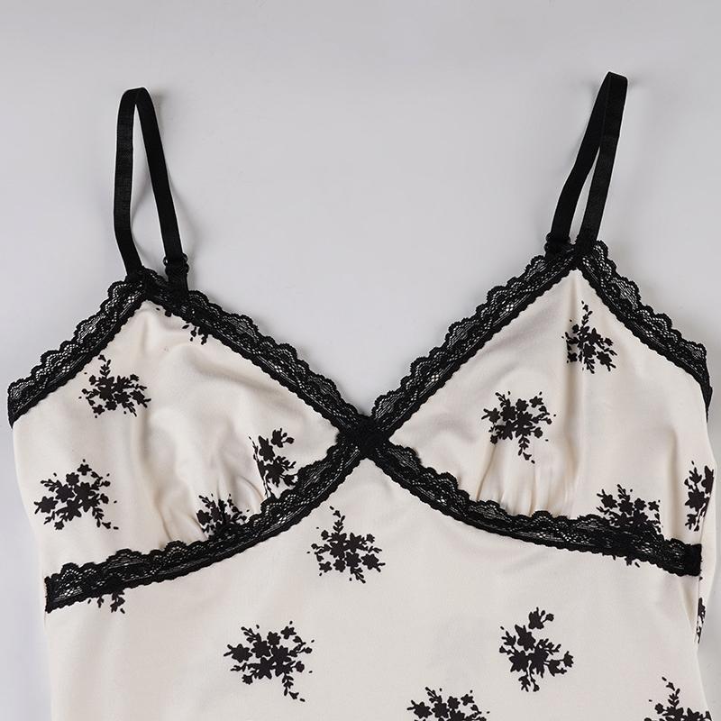 Women's Street Style Casual Boho Bohemian Floral Print Lace Patchwork Slim-Fit Summer Dress, Casual Chic Fitted Elegant Asymmetrical Strap Casual Vacation