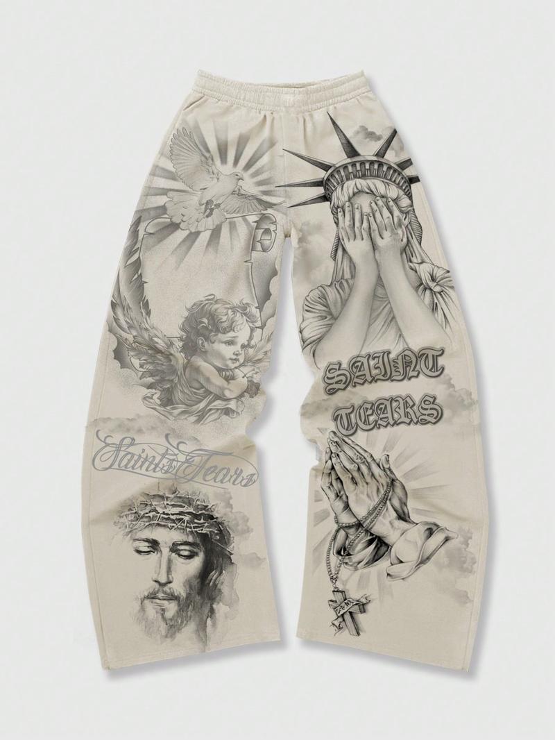 Street Life men's casual wide leg religious style pants, unisex apricot casual sweatpants, Angel Sacred Heart Saint print autumn and winter sports pants, Athleisure Style Bottoms