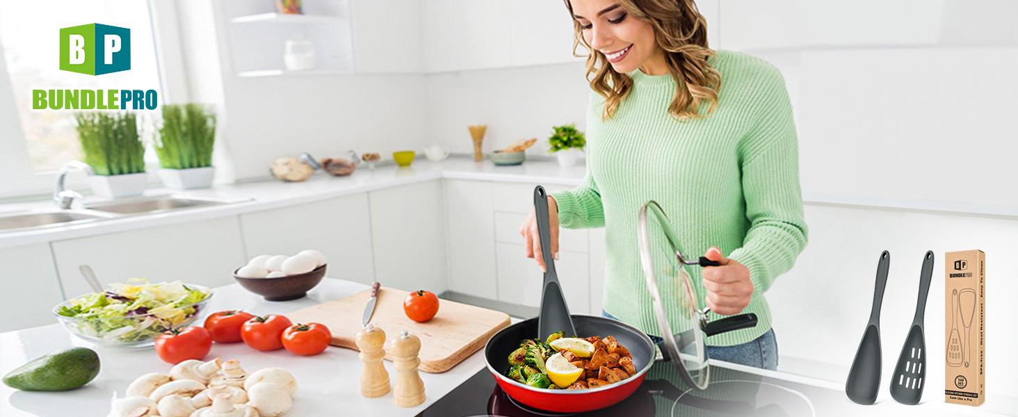 Pack of 2 Cooking for Non Stick, Multifunction Spatula Spoon BPA-Free, One-Piece, Suitable for Scooping, Scraping, Serving and Mixing(GRAY)