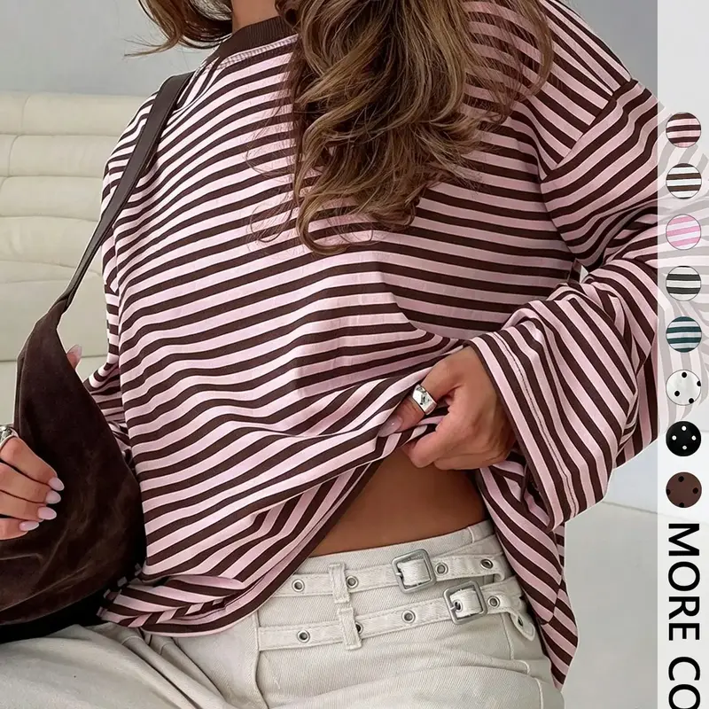 Women's Striped Long Sleeve Top, Loose Basic Tees, Casual Versatile Blouse, Stylish Ladies' Fashion Shirt, Perfect for Daily Wear & Layering