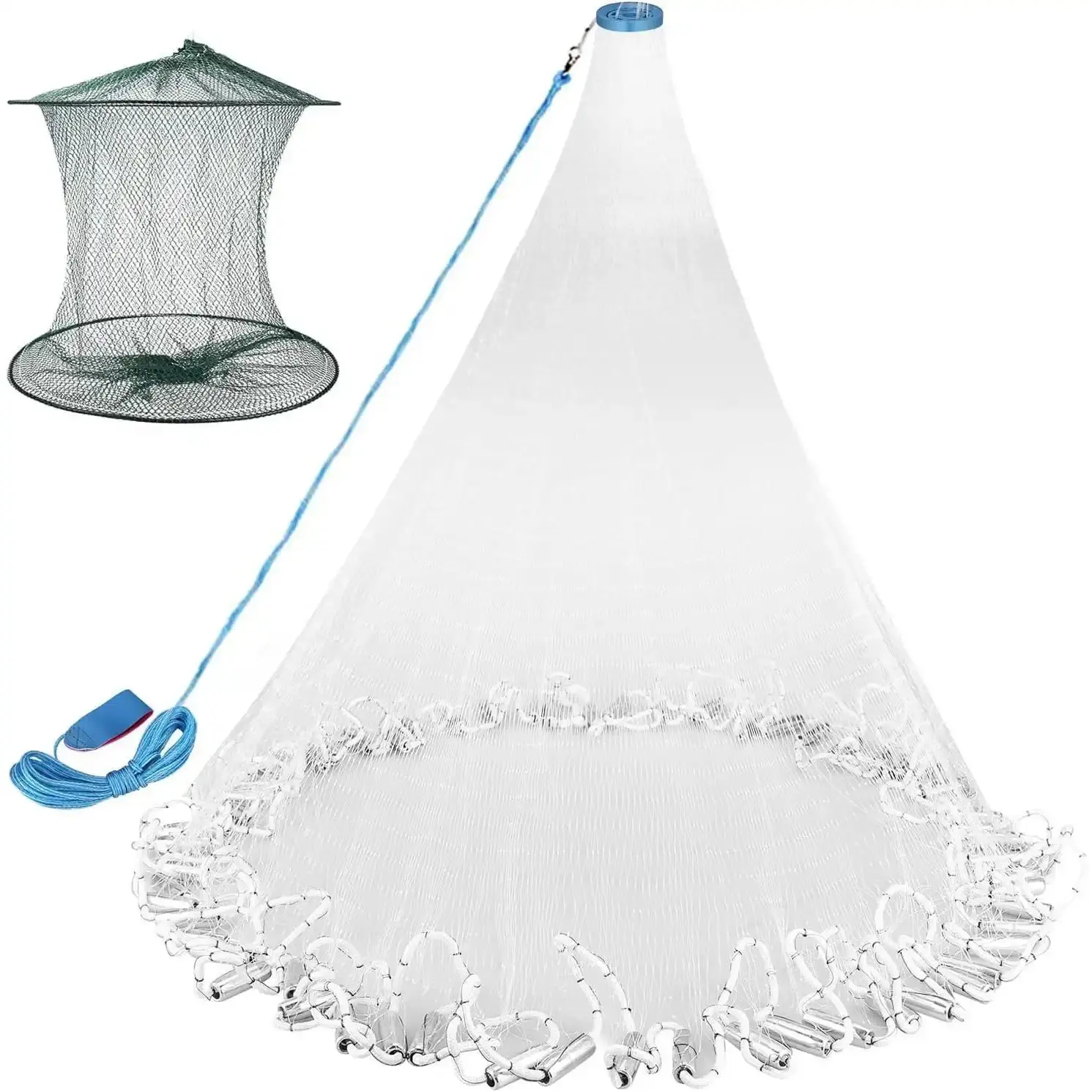 Multi-Size Casting Net with Shrimp Cage, Heavy-Duty Sinker, 3/8-Inch Mesh, 3-10Ft Radius Options, Freshwater-Saltwater Bait Trap (10Ft/300Cm Available)