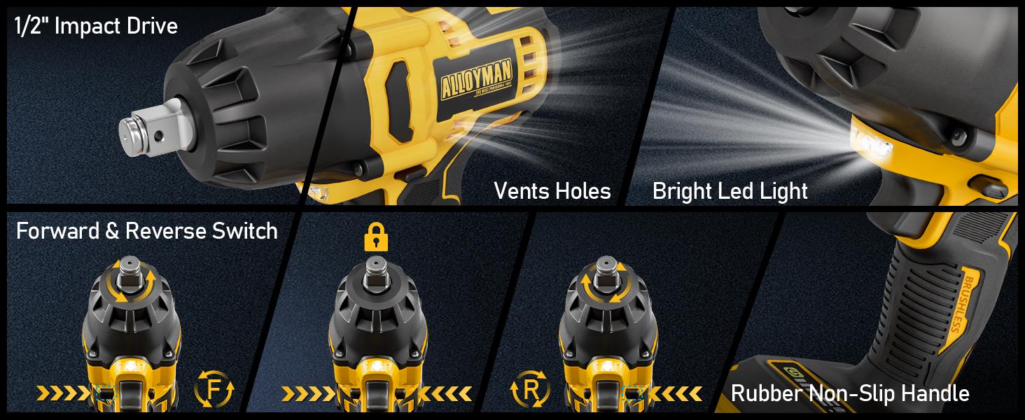 Alloyman 1/2 inch Impact Wrench Cordless, Max Torque 555 Ft-lbs 20V Brushless Motor 2000 RPM, with 6 Sockets, 3 Extension Bars, 4.0 AH Li-ion Battery and 1 Hour Fast Charge, Gifts for Perfect Christmas and New Year Idea Alloyman 1/2 inch Impact Wrench Cordless, Max Torque 555 Ft-lbs 20V Brushless Motor 2000 RPM, with 6 Sockets, 3 Extension Bars, 4.0 AH Li-ion Battery and 1 Hour Fast Charge, Gifts for Perfect Christmas and New Year Idea
