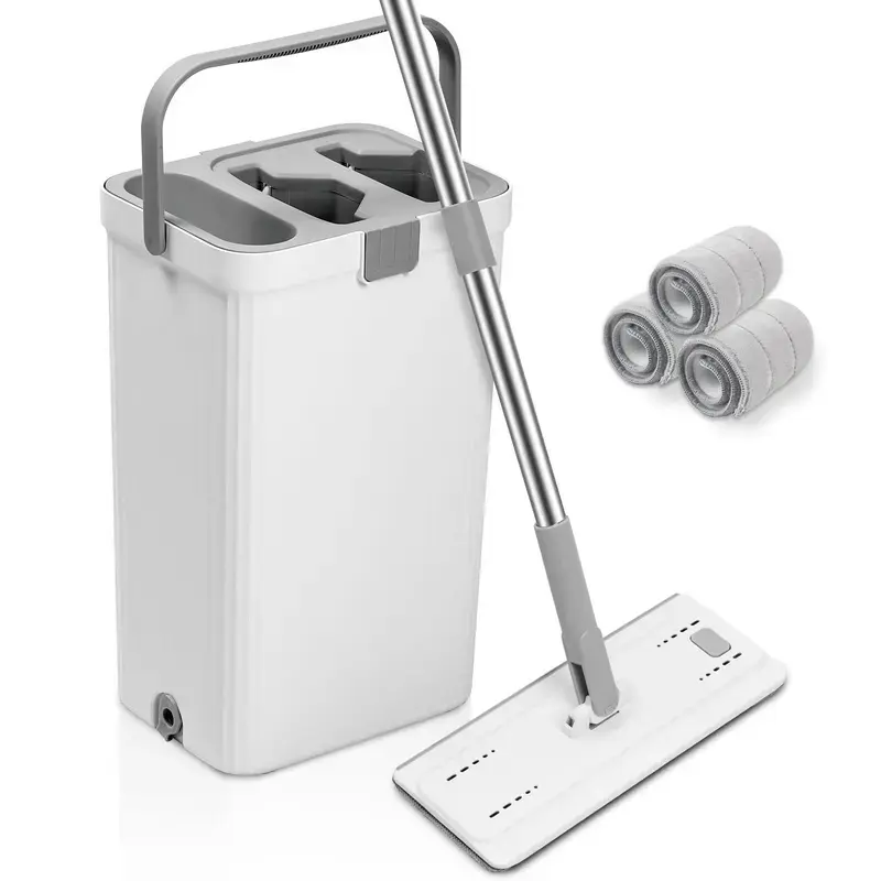 Flat Mop and Bucket System with Wringer Set Deep Cleaning Mops for Cleaning Floors Water Separation Use 3 Reusable Microfiber Pads All Floor Types