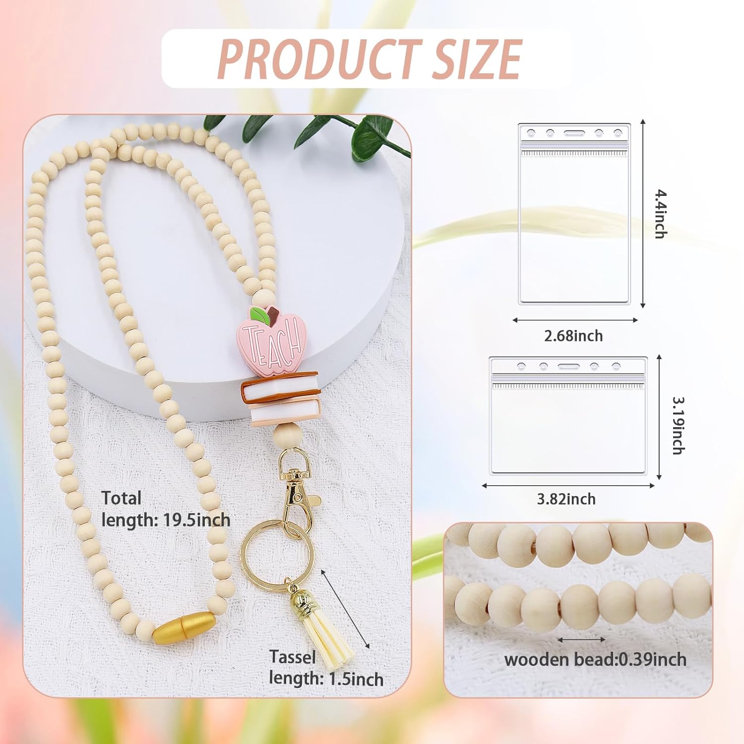Wooden Beaded Id Card Lanyard for Women with ID Holder, Fashion Heart-Beaded Lanyard for Identification Badges (Office Supplies)