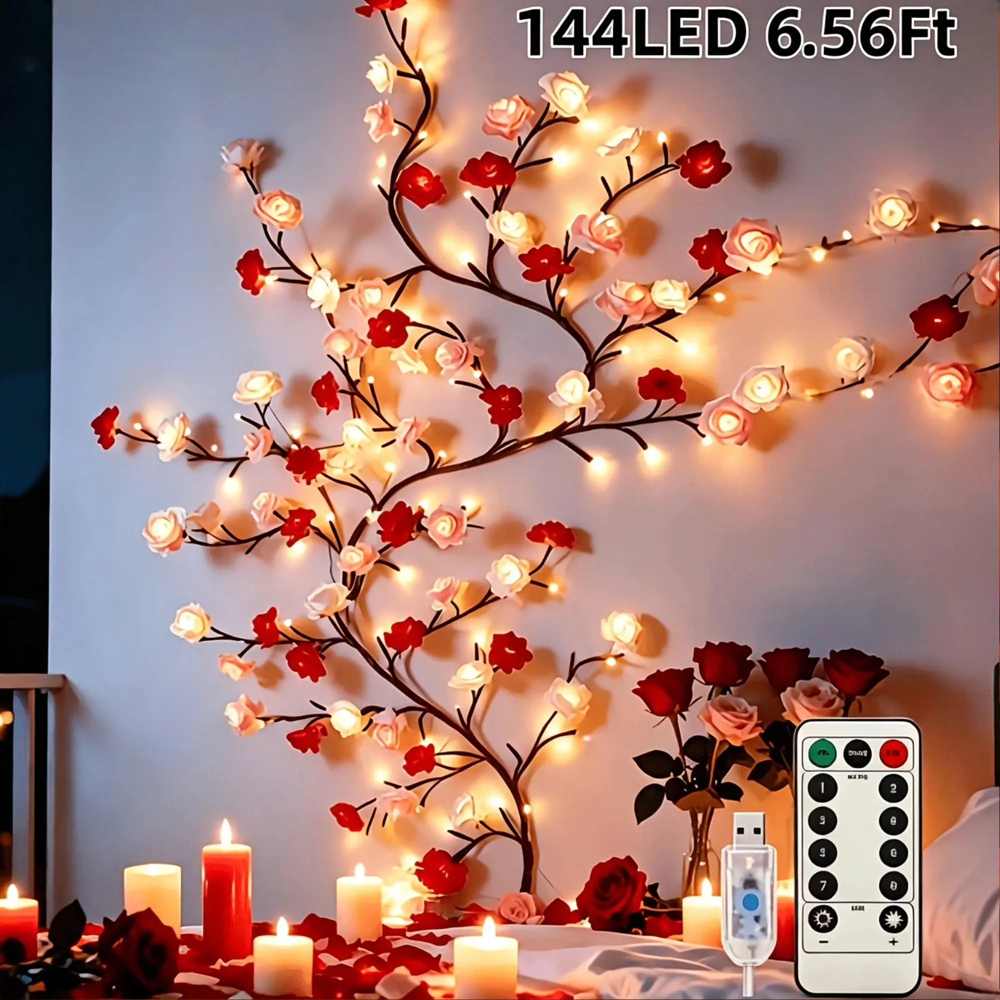 144LED Romantic Rose Branch String Lights USB Powered with 8 Lighting Modes, Warm Rose Vine DIY Decor Lamp for Bedroom Window Wedding Valentine Party, Perfect Mother's Day Gift for Mom Wife Girlfriend, Decorative Led Light