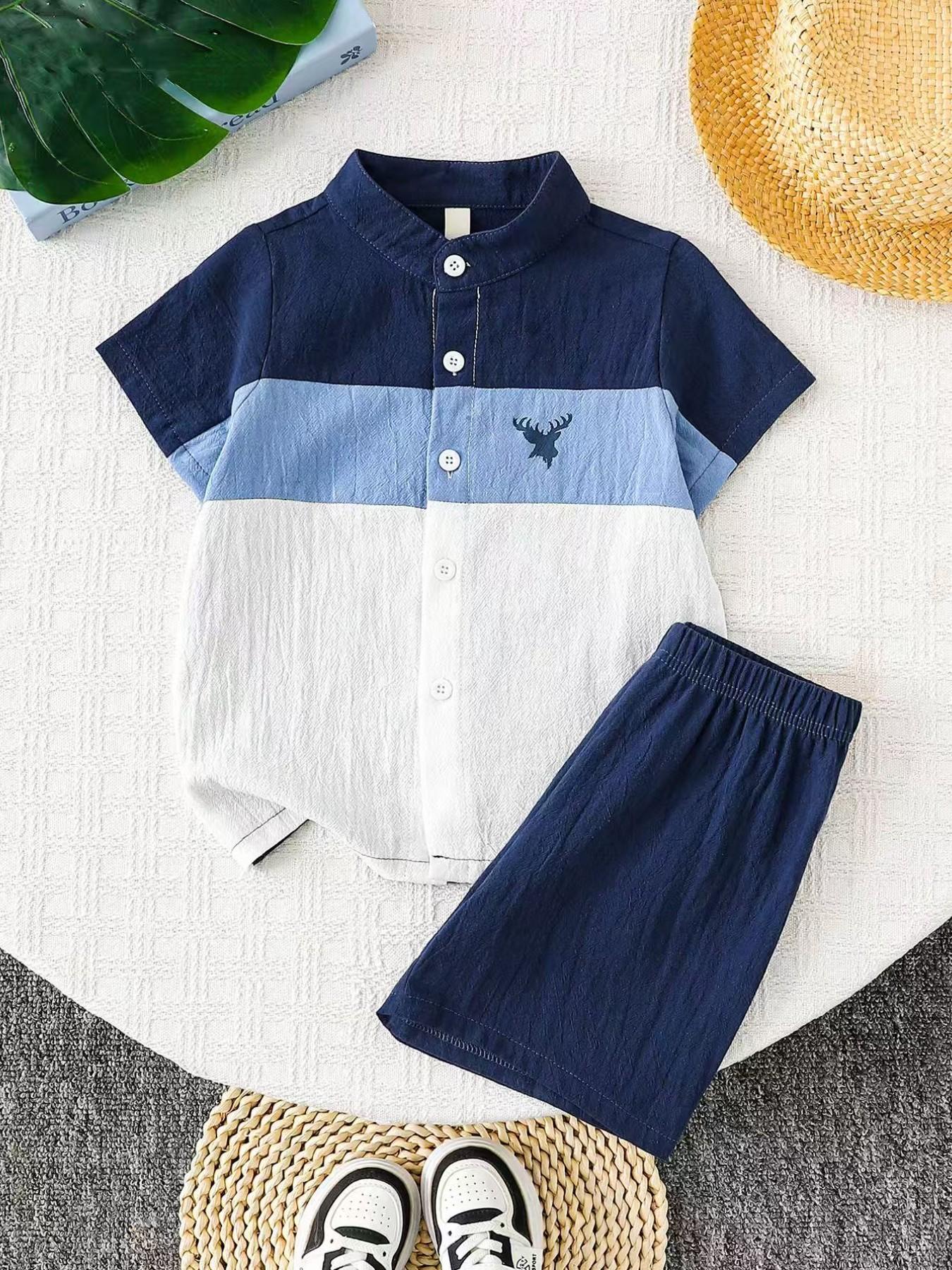 Boys Summer Fashion Set, Three-Color Striped Button-Up Shirt & Lightweight Breathable Shorts, Casual Daily Outdoor