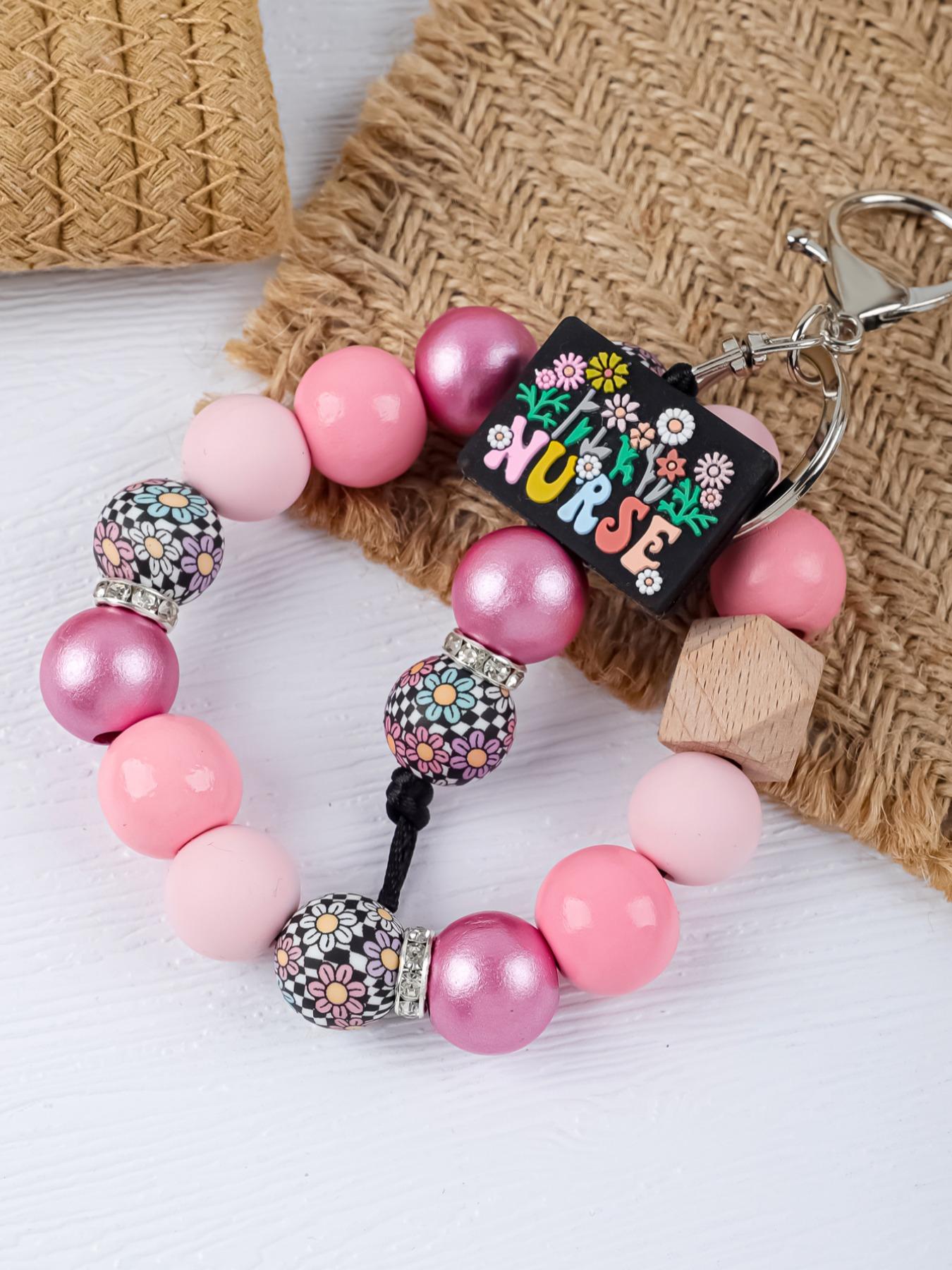 Nurse Themed Beaded Keychain, Handmade Silicone Wristlet, Leopard Print Beads, Anti-Lost Keychain for Medical Staff, Ideal Gift