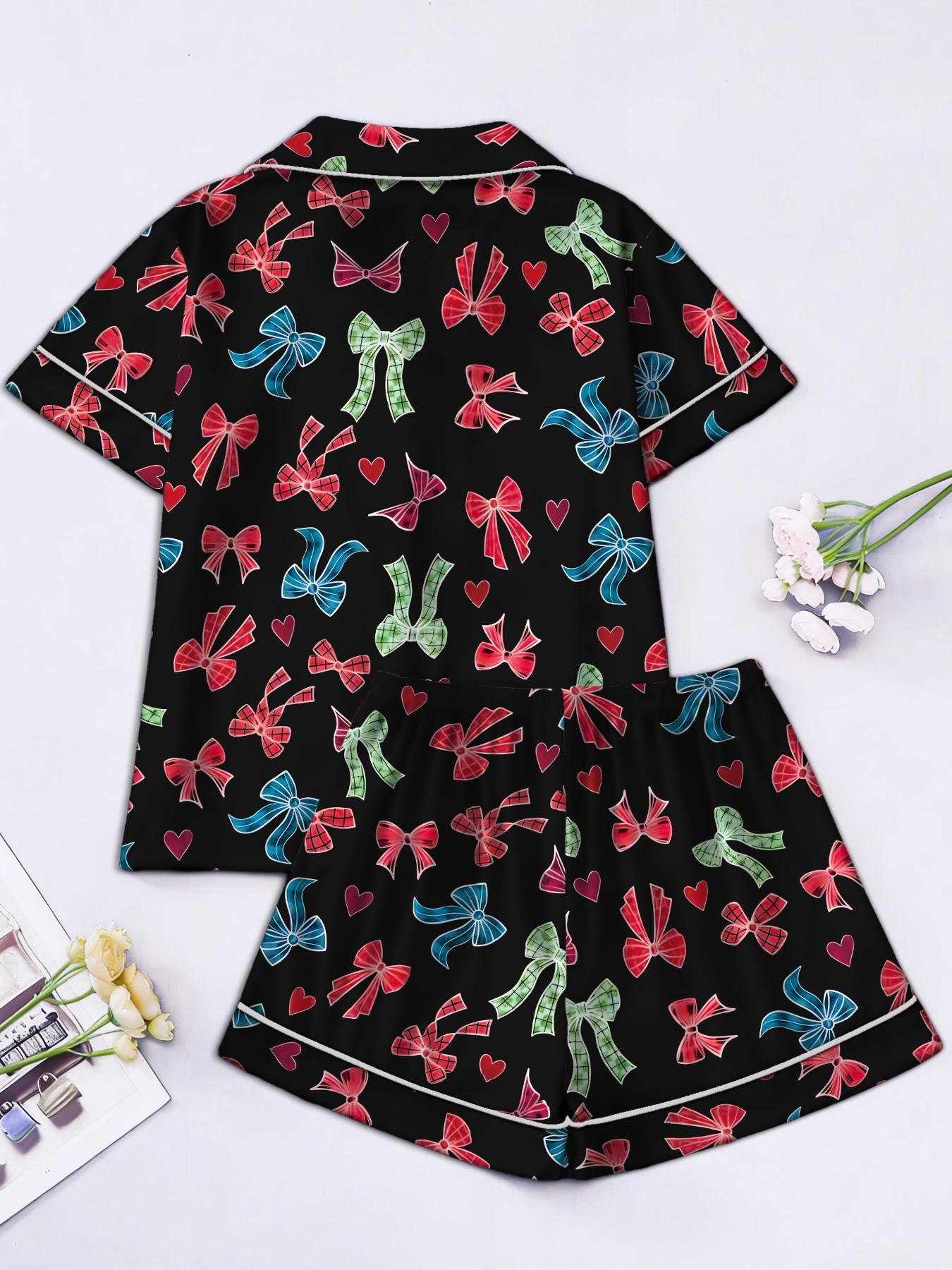 Women's Short Sleeve Button Down Top and Shorts Pajama Set, Spring Summer Wear, For American Retro Sweet Cool Girls, Black Base Vintage Bow Heart Print, Classic Lapel Collar, Loose Straight Fit, Comfortable For Home & Outings