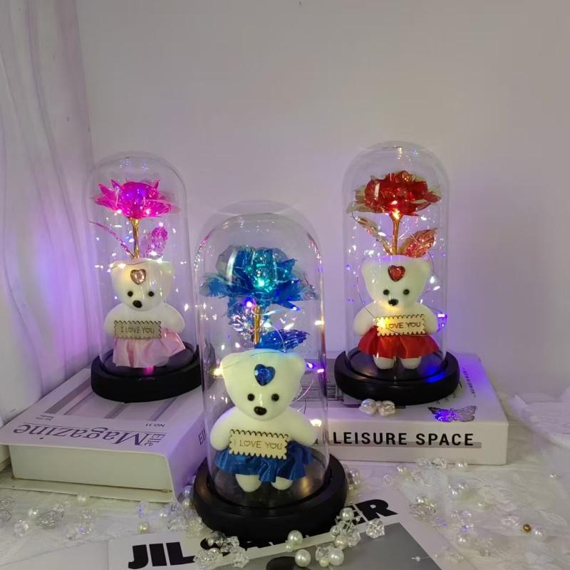 Artificial Rose Bear Gift with Glass Dome, 1 Count Battery Powered Romantic Glass Cover Rose Bear Flower Gift with Light, Decorative Flower for Home Party Wedding Anniversary, Rose Teddy Bear(without Battery)