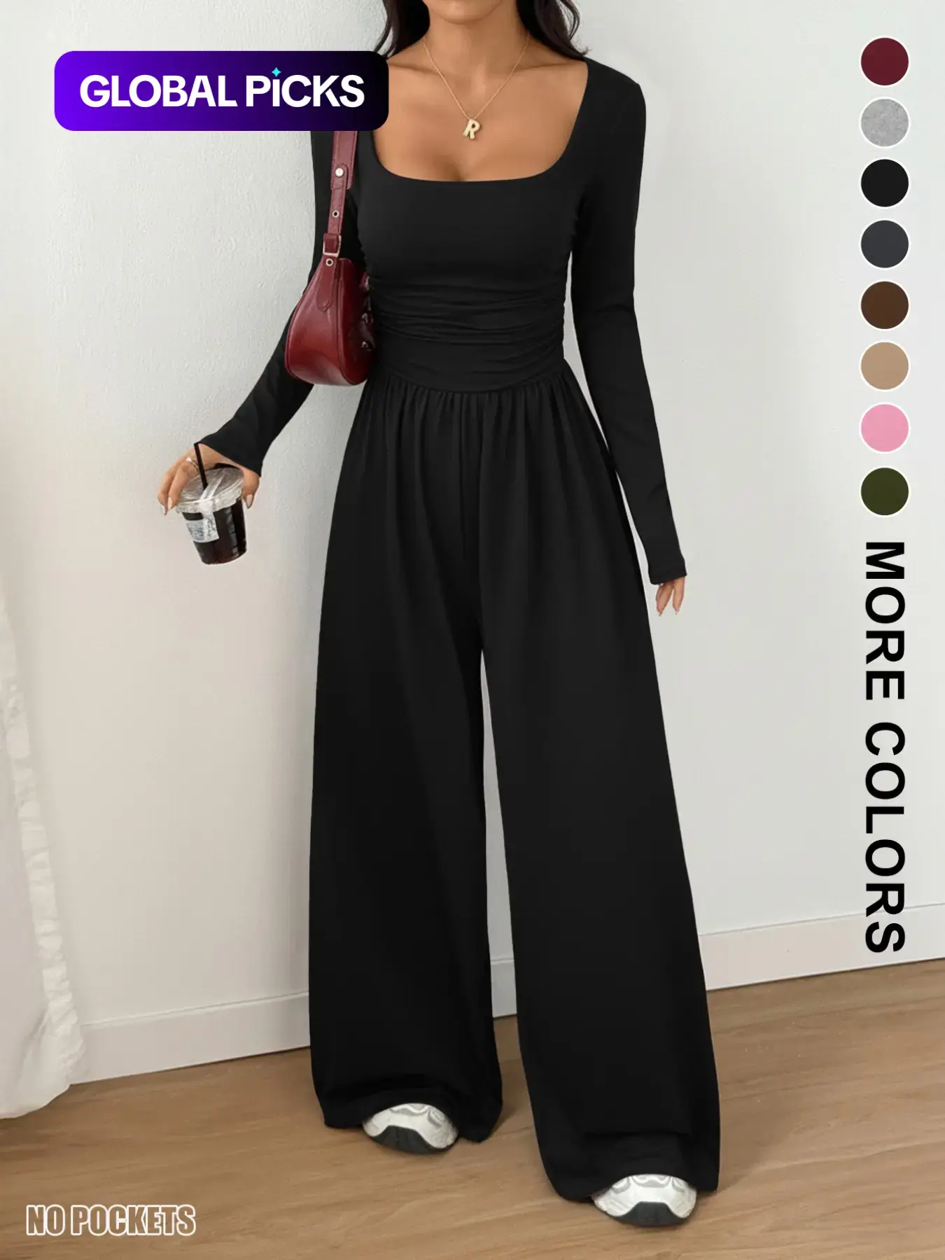 Women's Fall Winter Knit Wide Leg Jumpsuit, Casual Fashion Basic Plain Color Round Neck One-Piece, Versatile Long Sleeve Romper #GLOBAL PICKS