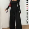 【Black Friday】Women's Knit Wide-Leg Jumpsuit, Casual Fashion Basic Solid Color Long Sleeve Square Neck Jumpsuit, Versatile Fall & Winter Wear #GLOBAL PICKS