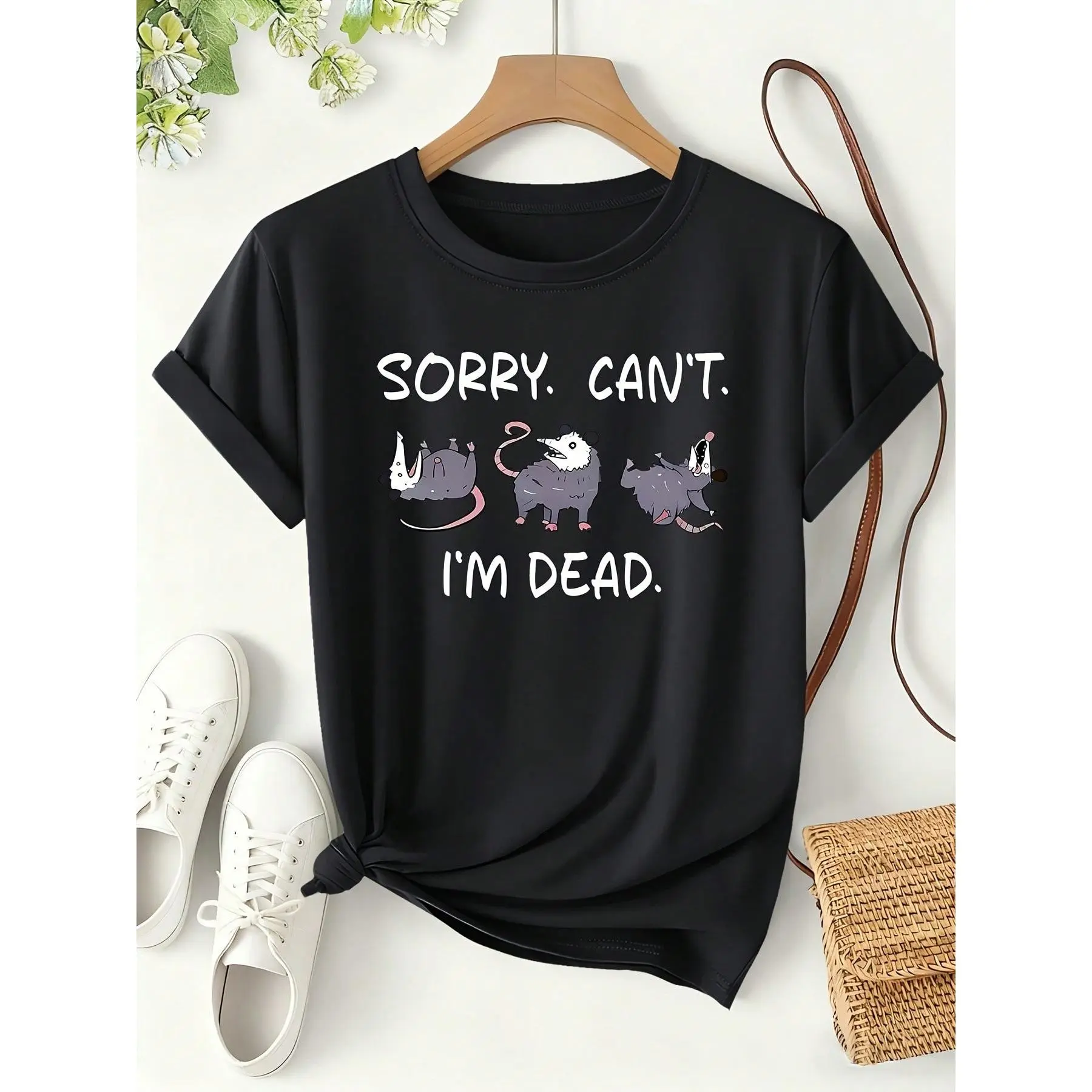 Women's Funny Opossum "Sorry Can't I'm Dead" T-Shirt - Cute Suitable For - Short Sleeve Blouse Top With Opossum Print, LOOSE FIT, Machine Washable Round Neck Shirt For Daily Wear & Pet Lover Outfits