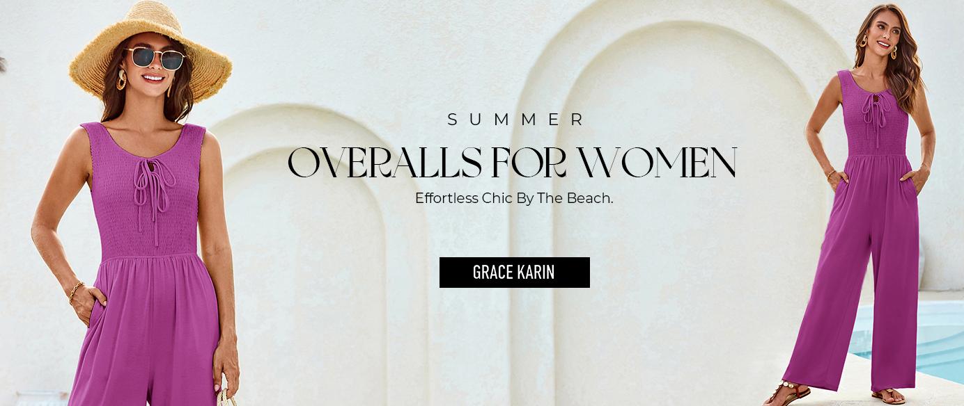 【New Arrival】GRACE KARIN Jumpsuits for Women Bow Tie Front Overalls Smocked Tops Wide Legs Casual Knitted Outfits with Pockets