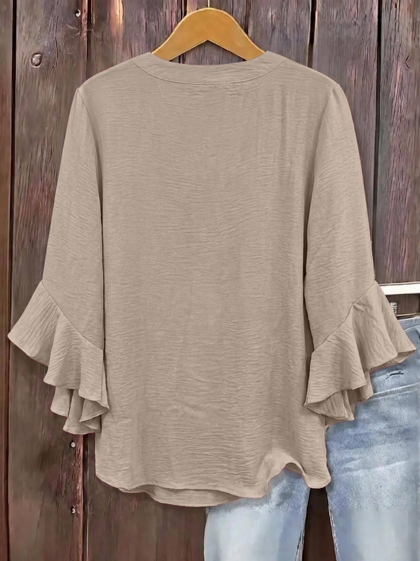 Plus Size V-Neck Ruffled Sleeve Textured Blouse, Loose Fit Y2K Summer Top, Trendy Elegant Flounce Detail, Comfortable Casual Everyday & Party Wear, Blouses Shirts Tops