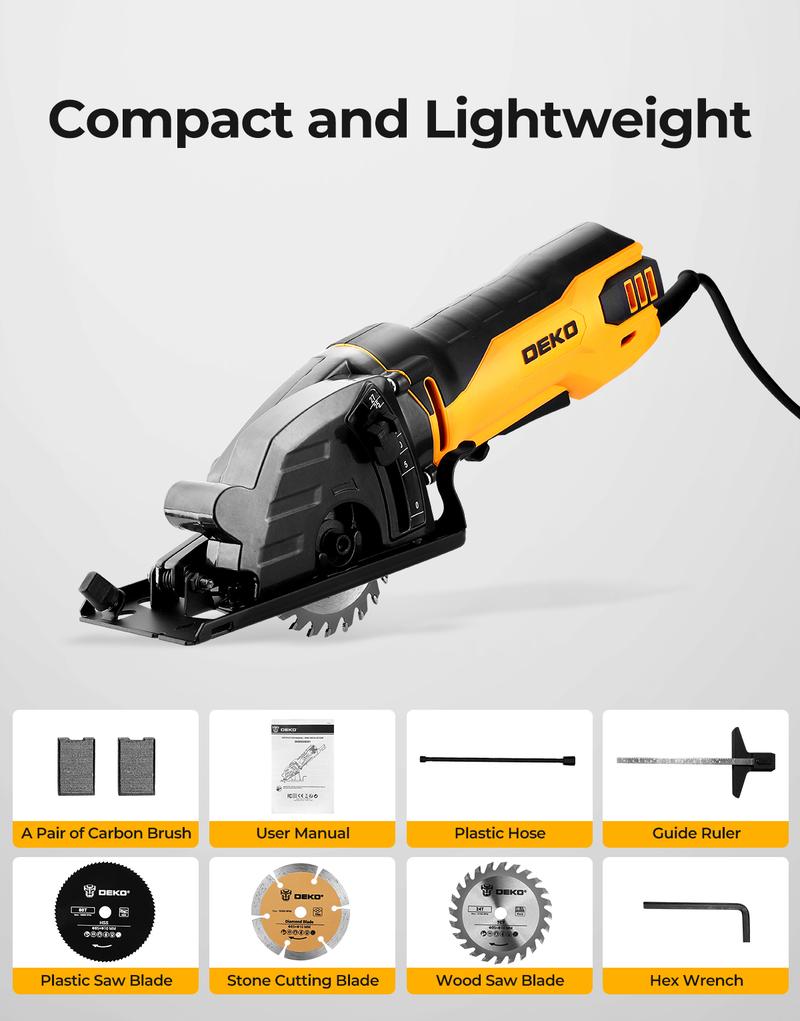 DEKO 5A 600W Mini Circular Saw With 1 Wood, Marble, And Plastic Blade, 5500 RPM No Load Speed, Maximum Cutting Depth 27mm, Multi-Functional Electric Saw For Wood, Soft Metal, Plastic, And Tile