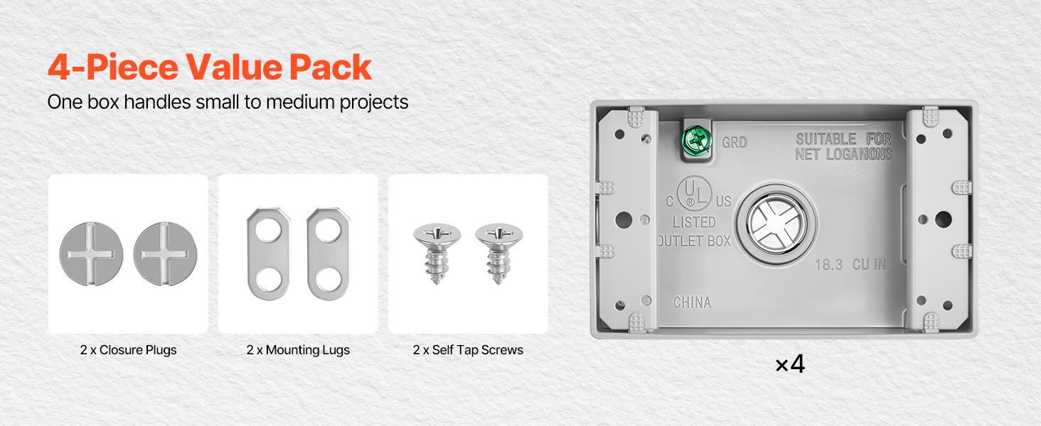 VEVOR Outdoor Electrical Box, 4.5x 2.8x 2 in, Weatherproof Outlet Junction Box, Suitable 1/2-Inch or 3/4-Inch Electrical Conduit, 18.3 Cu. In Large Capacity Plug Receptacle Protector, 4PCS, Gray