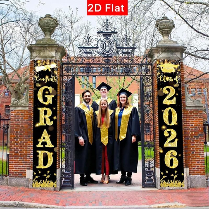 2D Flat Banner Door Sign 1 Pair, 2026 Graduation Porch Banner, Outdoor Gold Sparkle, Weatherproof Graduate Welcome Sign, High School Party Supplies