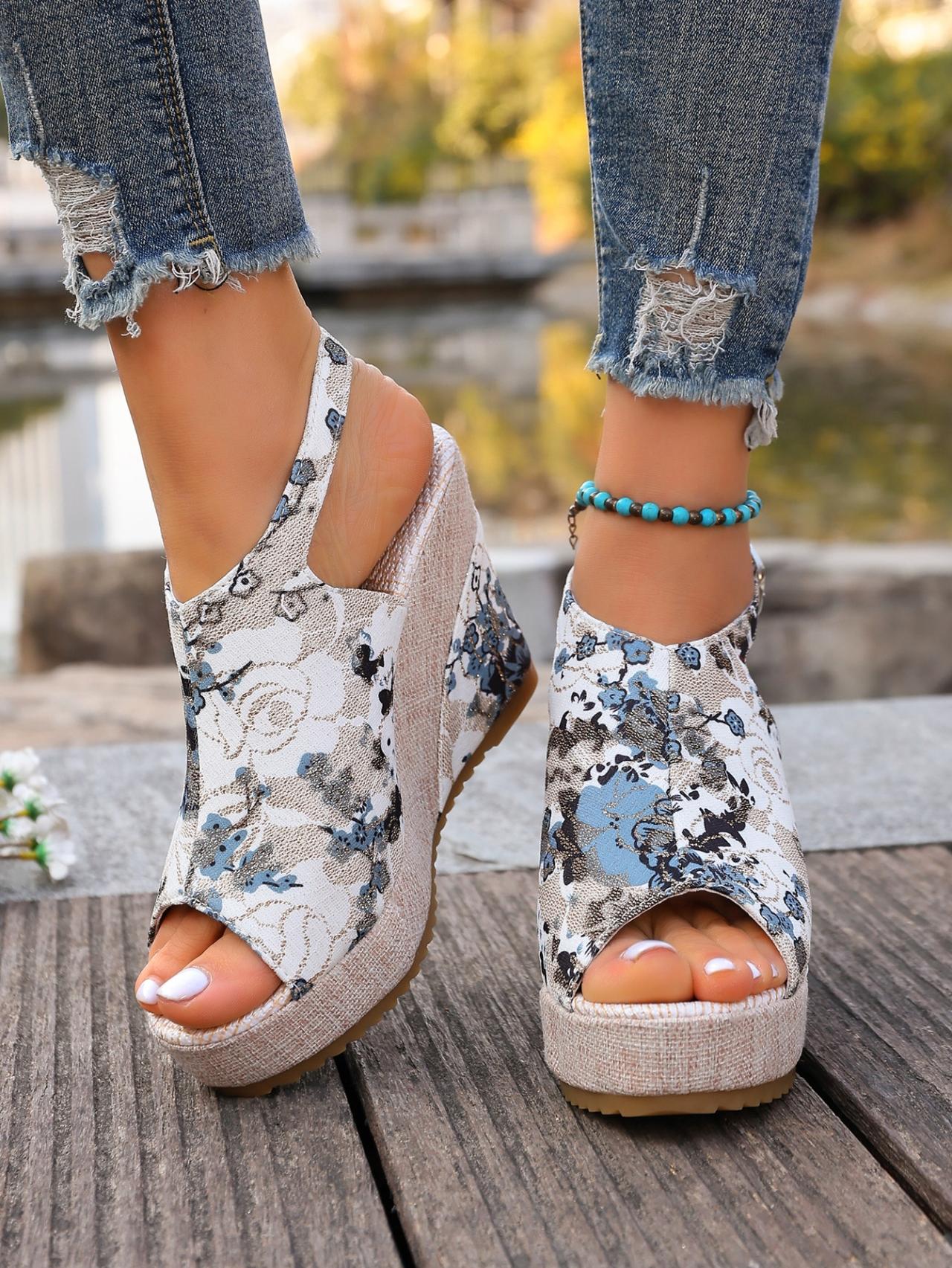 Women's Chinese Style Plum Blossom Printed Wedge Sandals, Summer Retro Platform Elevated Buckle Open-Toe Vacation Roman Shoes