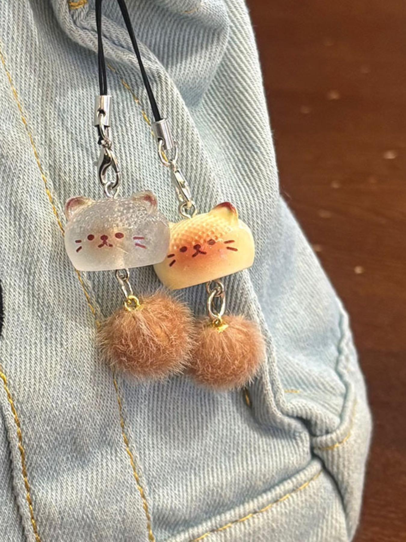 2 Piece Plush Cat Cartoon Keychain Phone Strap Backpack Charm Couple Friendship Gift, Cute Plain Design, All Seasons Accessory