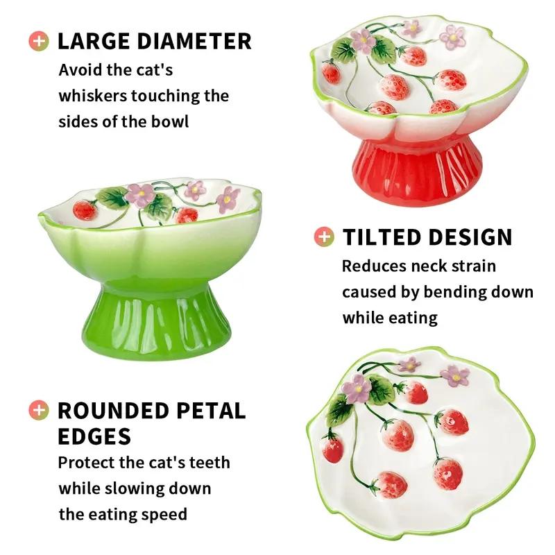 Ceramic Slow Feeder Cat Bowl, Elevated Pet Food Bowl for Cats & Small Dogs, Non-Slip Base, Strawberries Country-Style Design
