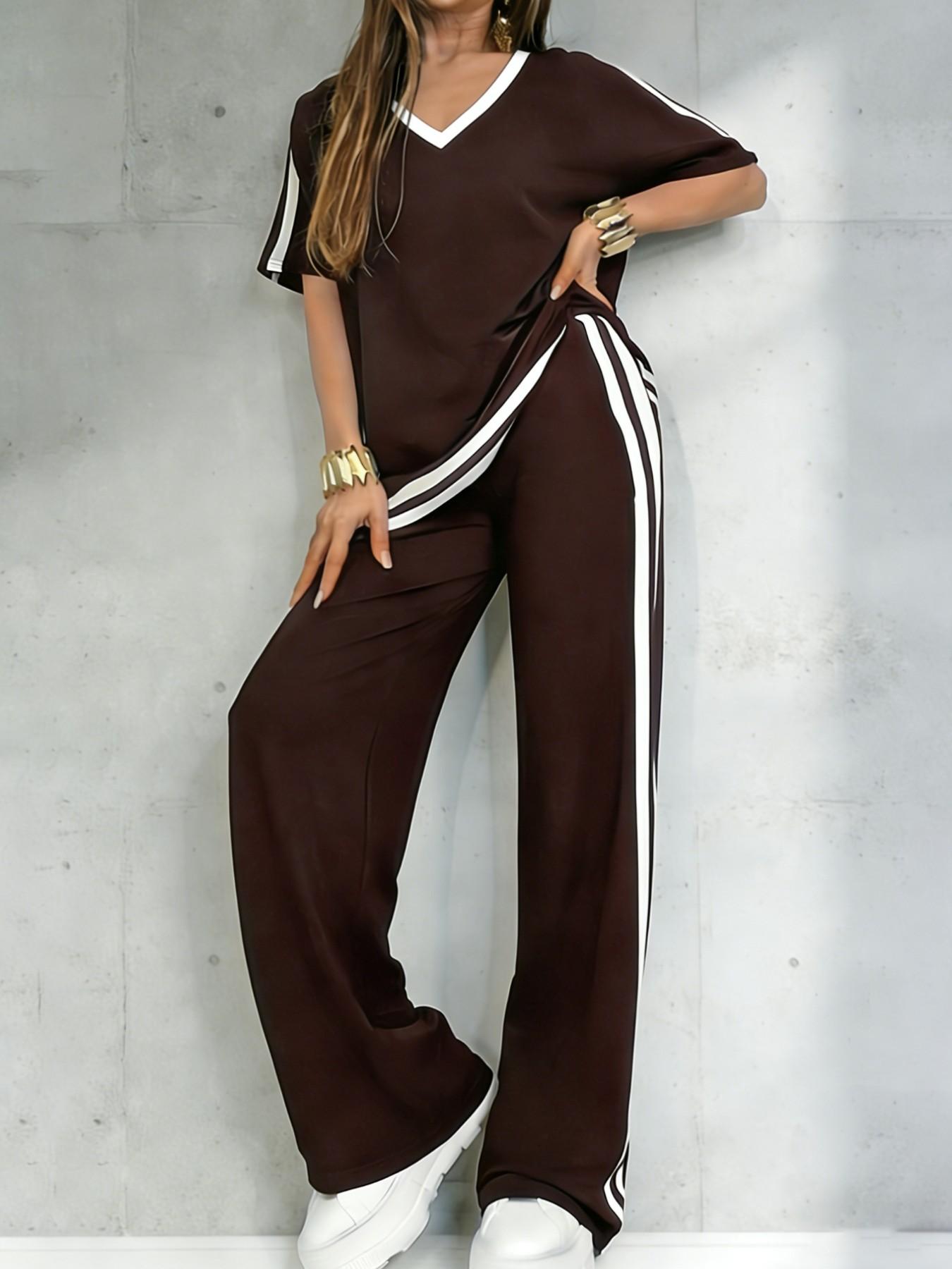 Women's Casual Sportswear Set, Pure Color V-Neck Short Sleeve T-Shirt & Striped Long Pants, Spring Summer Two-Piece