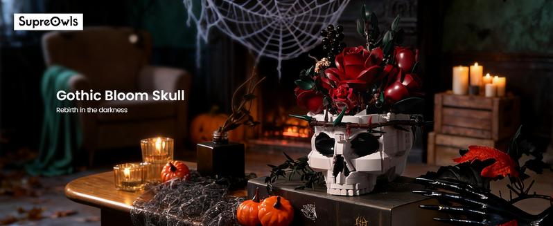 Supreowls Skull Roses Flower Bouquet Building Set, Botanical Collection Kit for Adult Women, Gift for Valentines Day for Her/Girlfriend/Mom/Wife/Couple, Goth Horror Skeleton Pot Home Table Decor Aesthetic