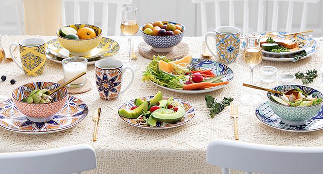 vancasso Jasmin 16-Piece Hand-Painted Arabic Style Dinnerware Set | Colorful Porcelain Plates, Bowls, and Mugs for 4 Tableware