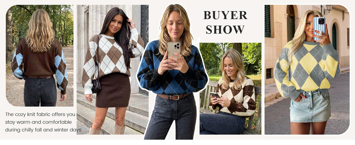 Saodimallsu Womens Checkered Argyle Sweater Color Block Crew Neck Long Sleeve Loose Preppy Knit Pullover Tops