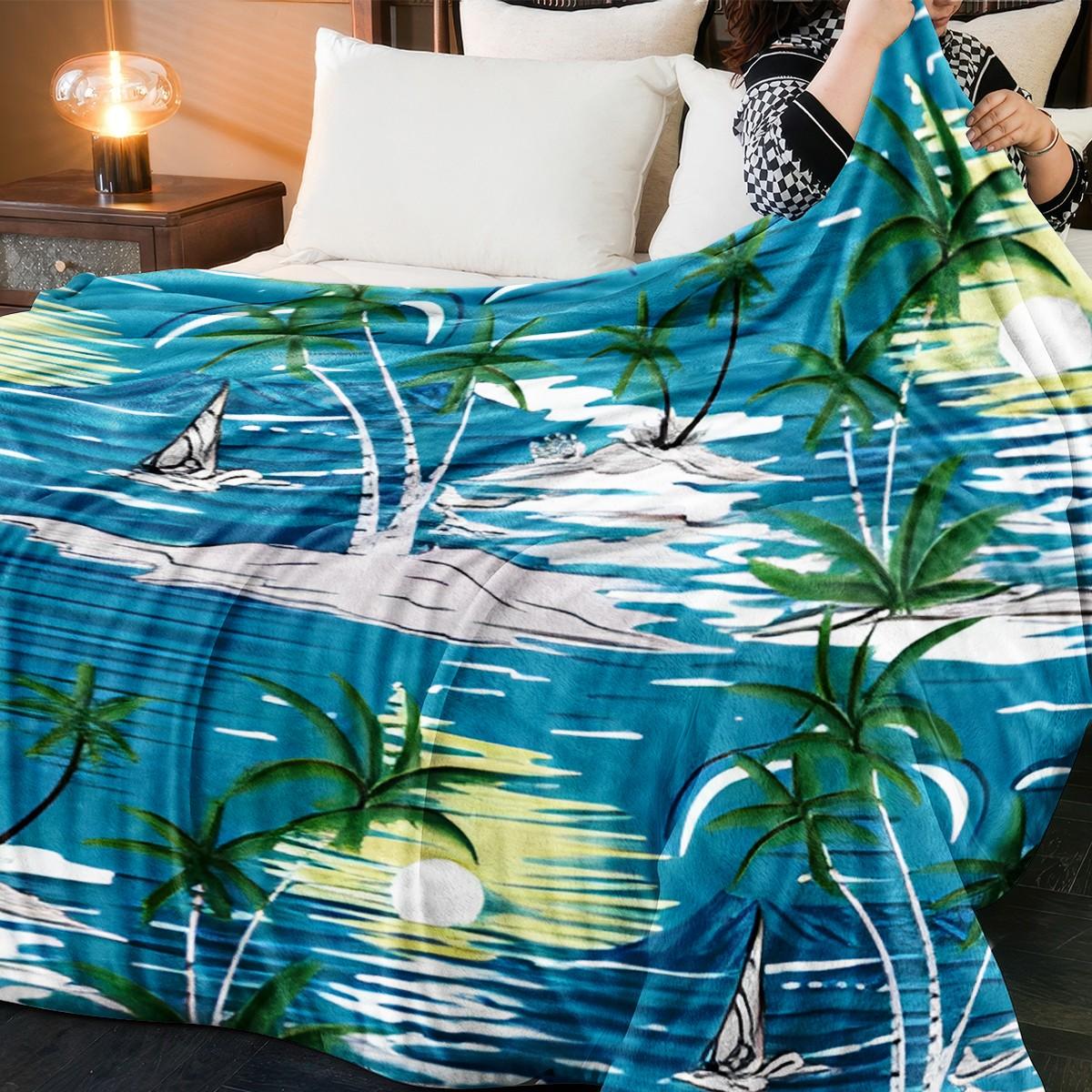 Tropical Island Coconut Print Blanket, Soft and Lightweight, Ideal for Sofa, Bedroom, Office, Outdoor, Multi-Use, Vacation Gift
