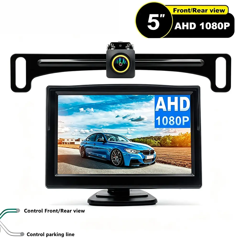 5 Inch AHD 1080P Car Rear View Monitor Backup Camera Kit, License Plate Mount Camera, Front/Rear View Switchable, Parking Guide Line, Plug & Play for Car Truck SUV