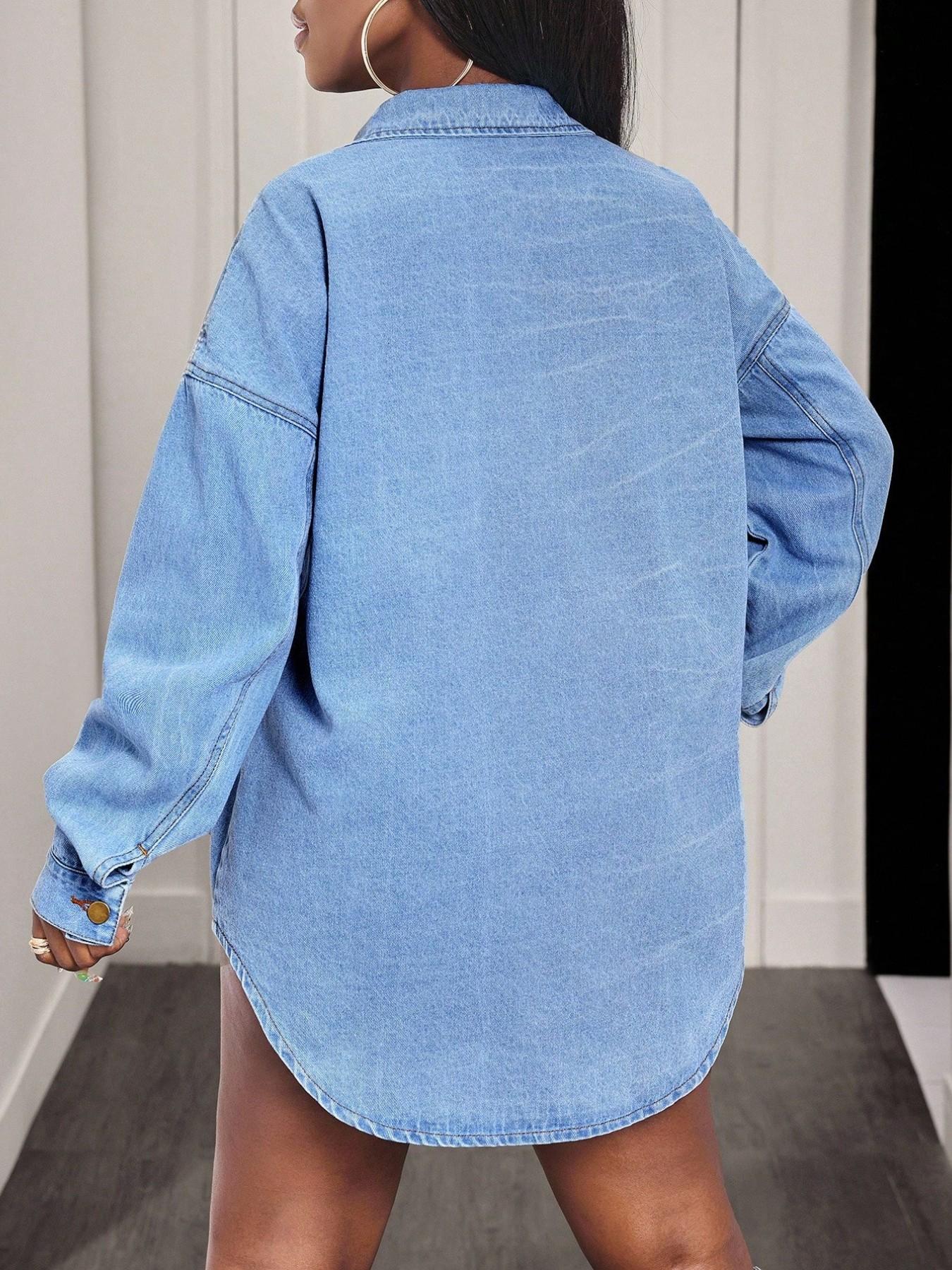 Long Ripped Denim Shirt Dress, Casual Loose Fit, Button Front, Long Sleeve, Round Neck, Summer Fashion, Women's Clothing