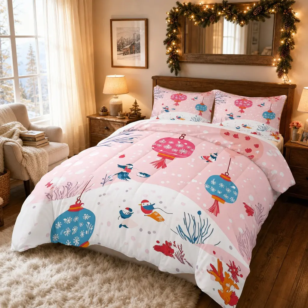 3pcs Pink Bottom Lantern Bird Snow View Printed Quilted Quilt Set Fresh Cartoon Warm Bedroom Bedding Including 1+Pillowcase 2 (excluding pillow core) Holiday Bedroom Guest Room Dormitory Bedding