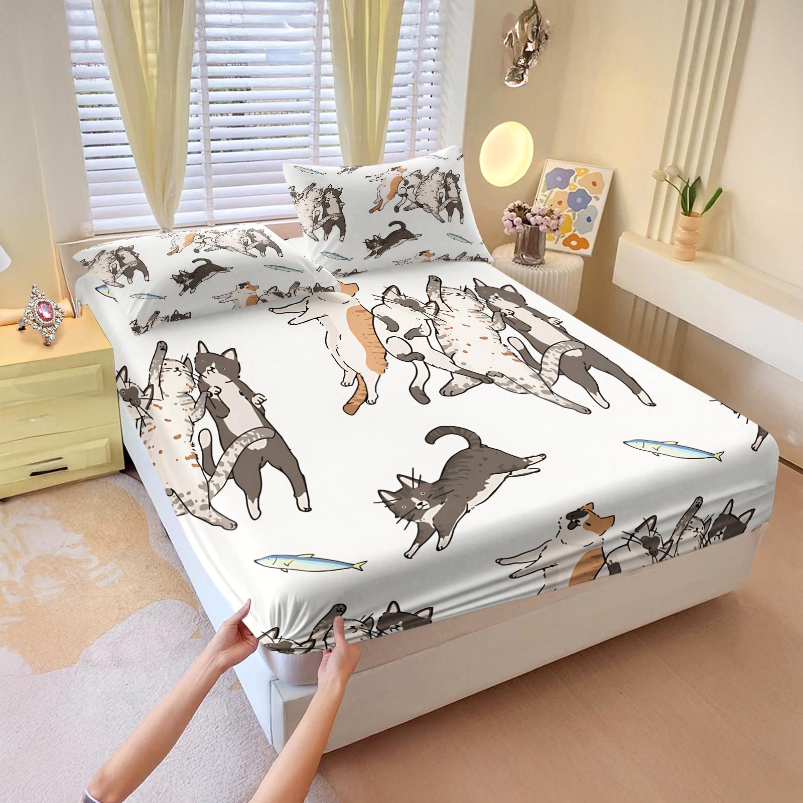 3Pcs Funny Cute Cat Digital Print Fitted Sheet Set, Cartoon Kitten Themed Bed Sheet Set, Soft Breathable Microfiber Bedding, Non-Slip All-Around Elastic, Perfect for Cat Lovers Bedroom, Guest Room, Dorm, Year-Round Use - No Filling