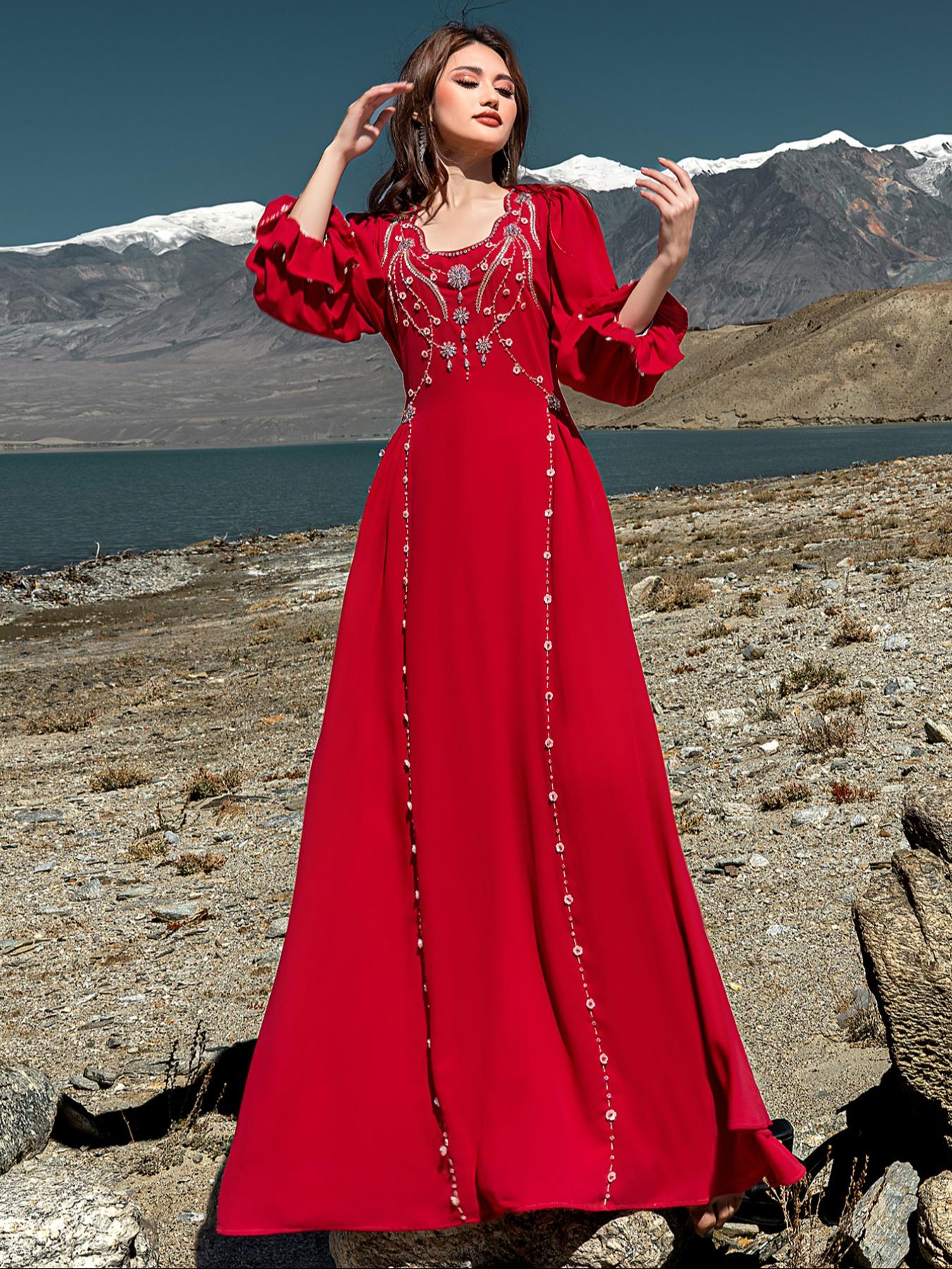 Embroidered Abaya Dress, Formal Wear, V Neck, & Silver Beads, Flare Sleeves, Elegant Fitted, Perfect for Formal Weddings & Eid Celebrations