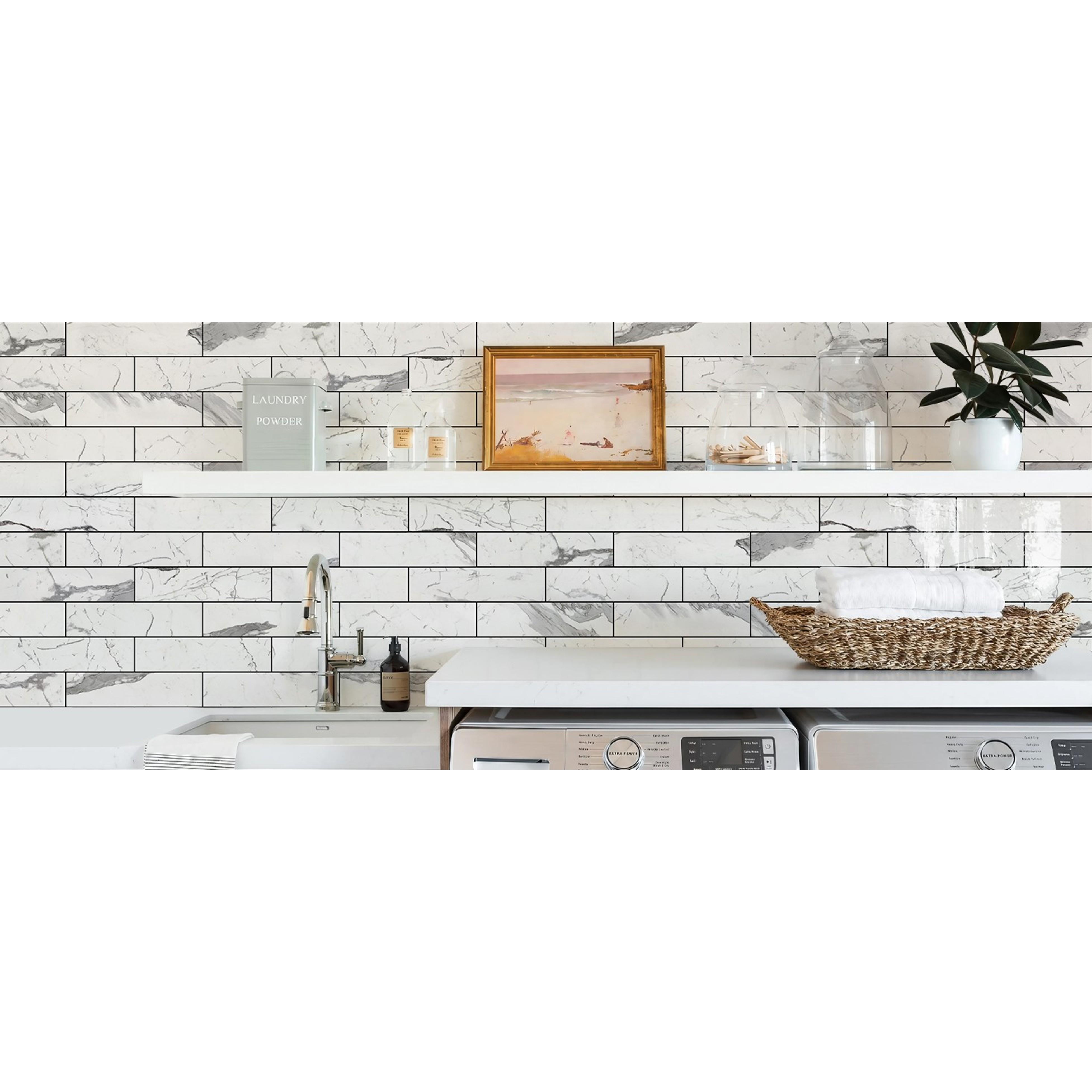 Peel and Stick Backsplash, Glossy 40-Piece 3''x12'' Subway Tile | Statury White with Dark Gray Grout Wall Tile,PVC Faux Stone Stick on Subway Tiles for Kitchen,Bathroom,Laundry,Camper Peel and Stick Backsplash, Glossy 40-Piece 3''x12'' Subway Tile | Statury White with Dark Gray Grout Wall Tile,PVC Faux Stone Stick on Subway Tiles for Kitchen,Bathroom,Laundry,Camper