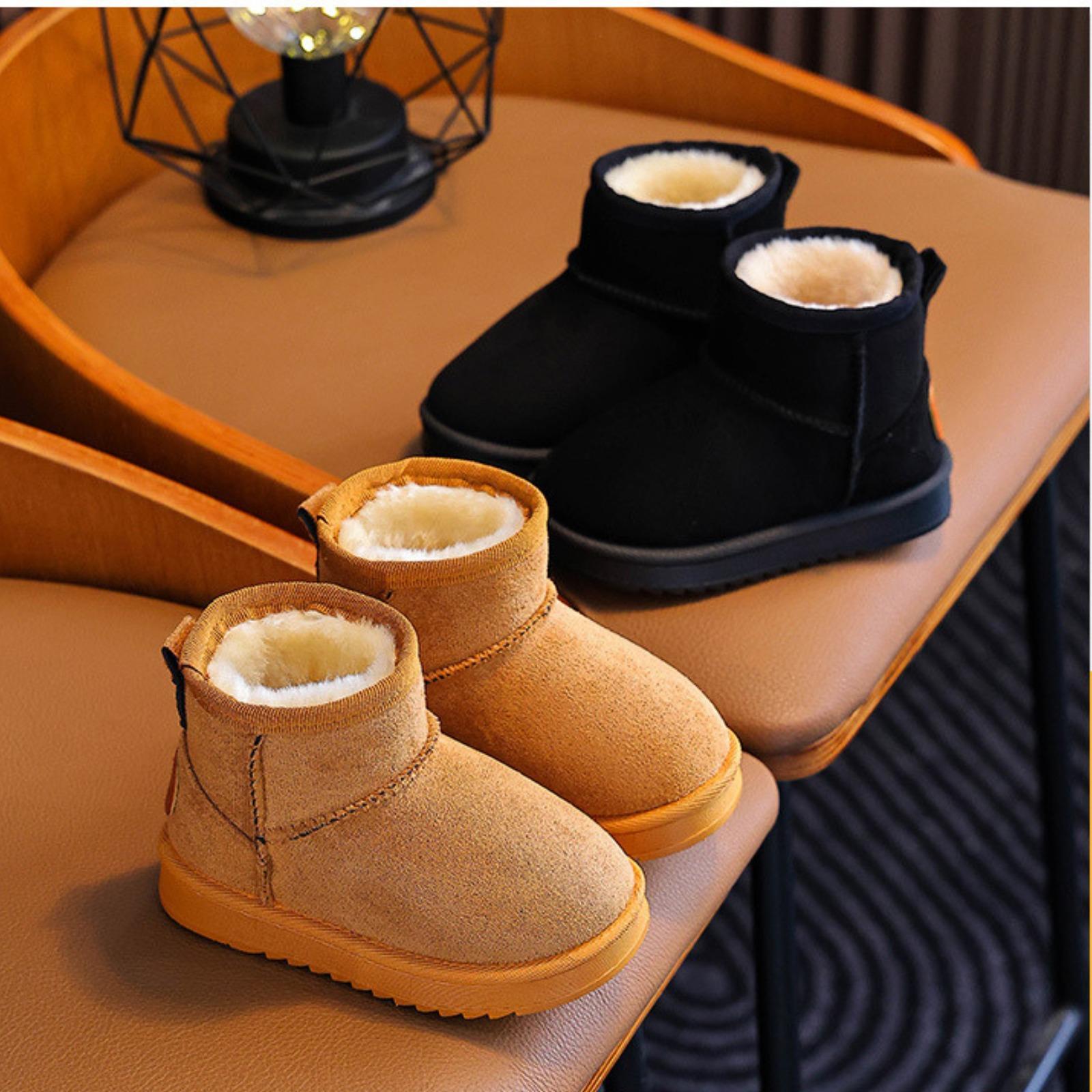 Kids' Cute & Versatile Round Toe Synthetic Snow Booties - Soft, Warm Faux Fur Liner, Non-Slip Flat Ankle Boots for Casual Daily Wear, Birthday, Holiday (Khaki, Black, Gray)
