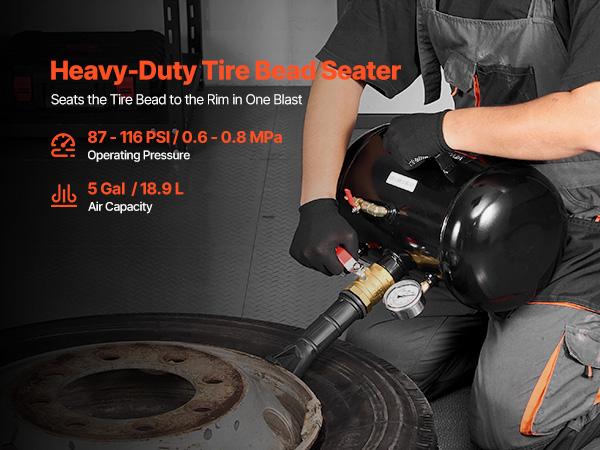 VEVOR Air Tire Bead Seater, 5 Gal/ 18.9 L, Heavy Duty Tire Bead Blaster Tool, 87-116 PSI Operating Pressure, Air Trigger Seating Inflator for Pickup, Truck, ATV, Jeep, Van, Lawn Tractor, RV, Black
