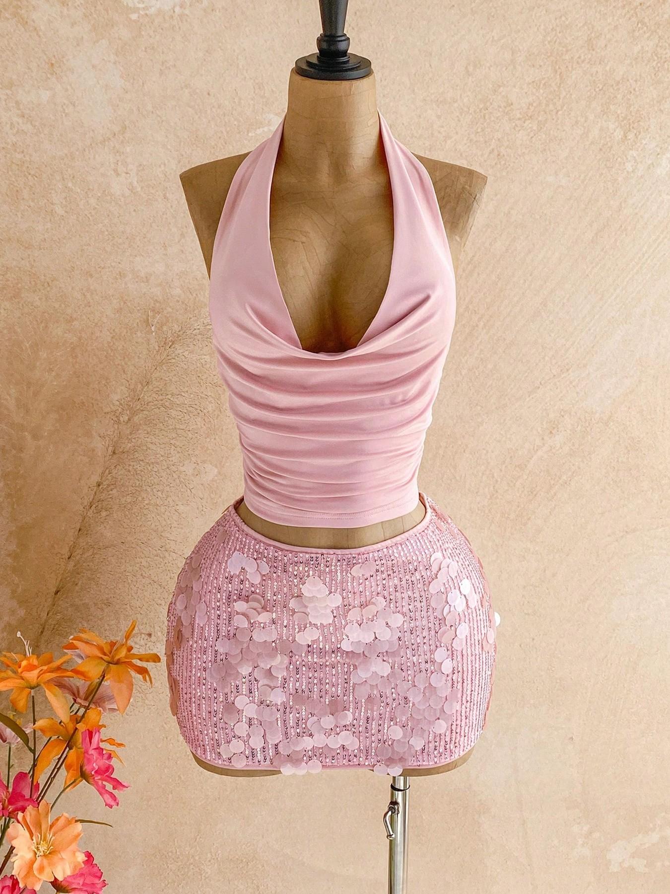 Elegant Party Set, Halter Neck Top & Sequin Rhinestone Mini Skirt, 2-Piece Ensemble for Special Occasions