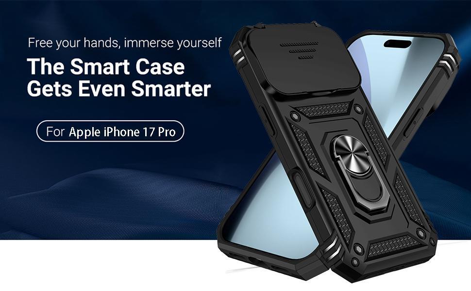 For iPhone 17 Pro Case, with Slide Camera Cover HD Screen Protector [Military Grade 16ft. Drop Tested] Ring Holder Kickstand Protective Phone Case for Apple iPhone 17 Pro, Black