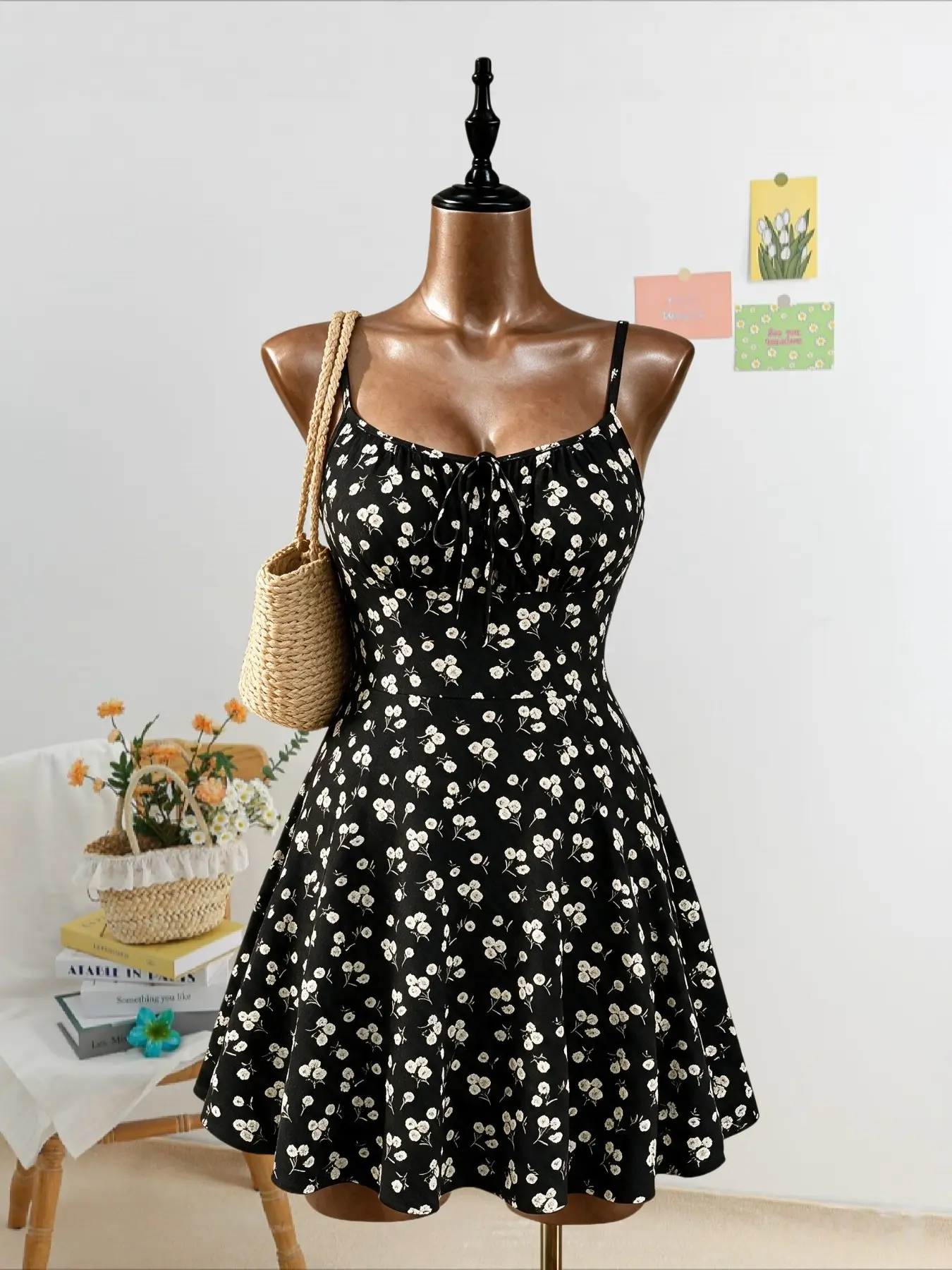 Summer French Floral A-Line Halter Dress, Waist-Cinch Flared Style, Youthful Short Vacation Dress, Casual Slim-Fit, Floral Printed Dress
