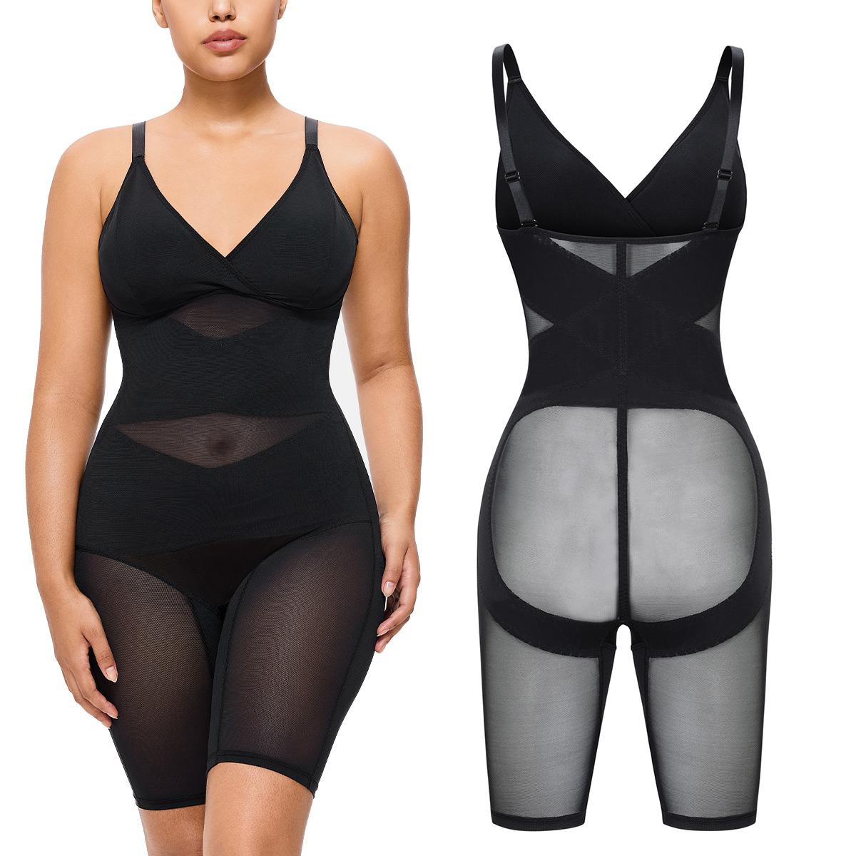 Nebility Women's V-Neck Mesh Bodysuit – Breathable Cut-Out Design, Crossover Fitness Belt & Strong Core Control with Built-In Chest Support Basic Shapewear Womenswear