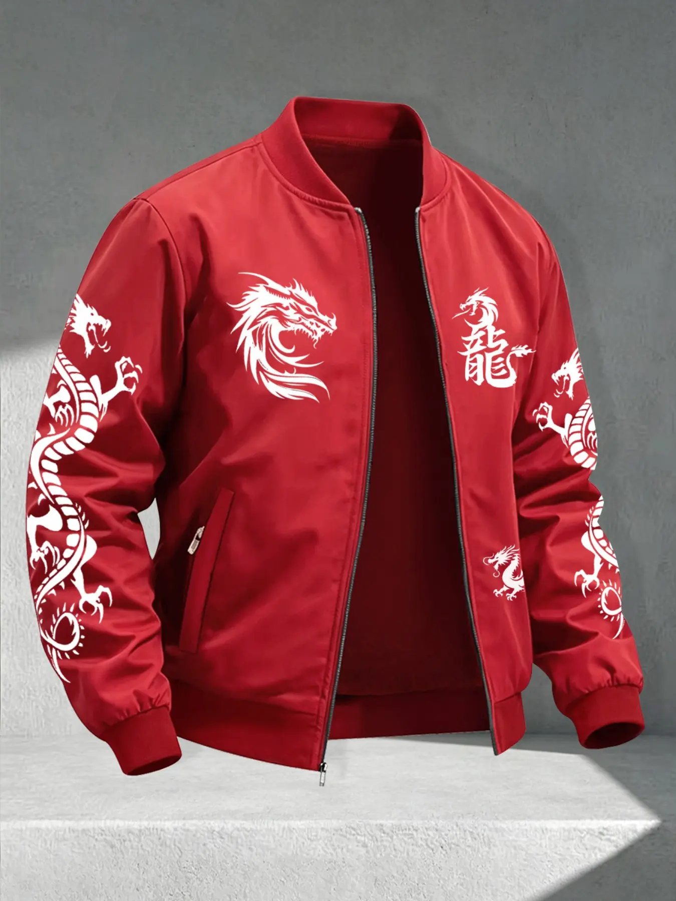 Men's Spring Fall Stand Collar Jacket, Dragon Print Casual Outdoor Sport Coat, Zipper Closure, Comfortable Wear, Versatile Outerwear, Casual Fitted Jackets
