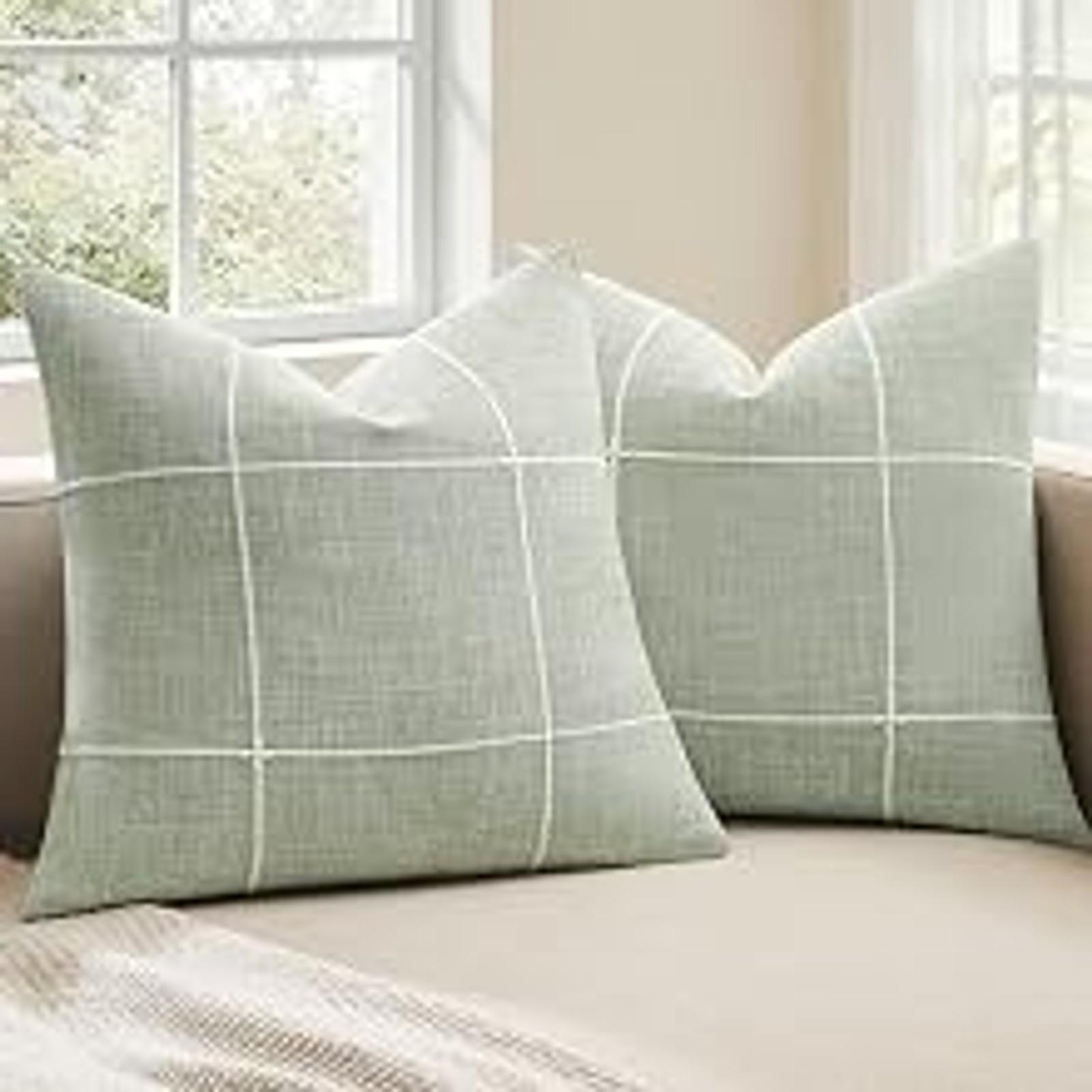 2-Pack Sage Green Grid Embroidery Throw Pillow Covers 18x18 Inch – Farmhouse Linen Checked Decorative Accent Cushion Covers, Home Decor for Sofa Bed Living RoomGift