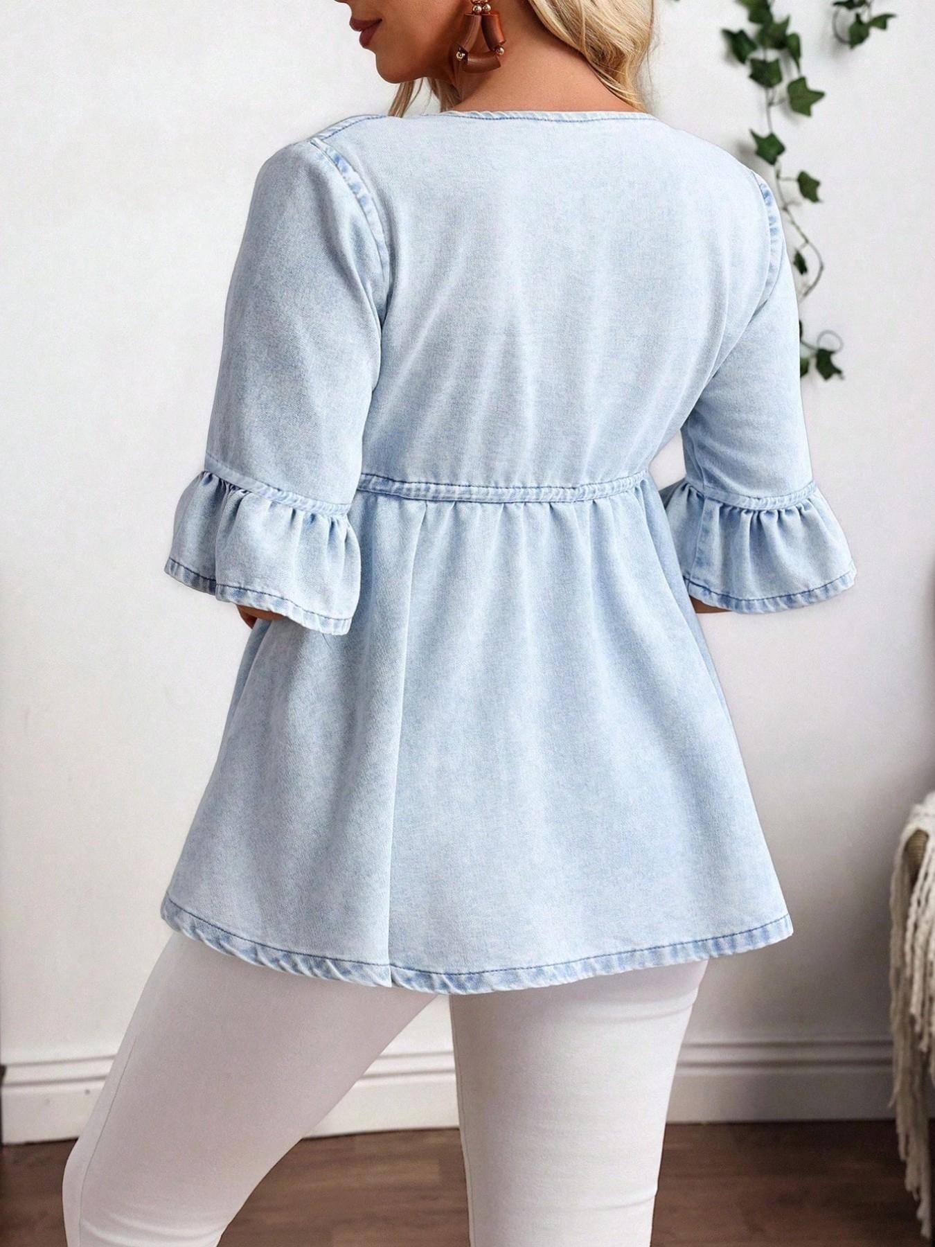 Women's Light Blue Denim Belted Cardigan, Casual Commute, Beach Outerwear, Afternoon Tea Date, Drawstring Waist, Flounce Sleeves, V-Neck, A-Line Hem