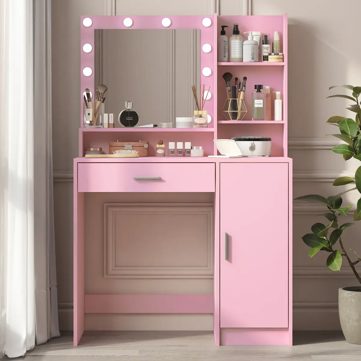 Modern White Minimalist Makeup Vanity Desk with Mirror, 12 LED Light Bulbs, 3 Dimmable Color Modes, Large Drawer, Side Storage Cabinet, Particle Board Build, Metal Brackets, Easy Setup, Stylish Bedroom Indoor Furniture organizer