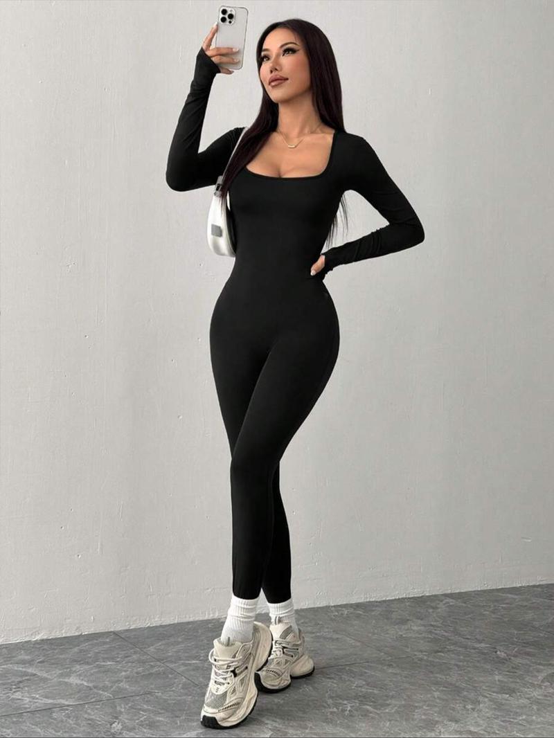 Women's Solid Color Slim Fit Square Neck Unique Design Tight Comfortable Long Sleeve Cuffed Jumpsuit, Casual Fashion All Occasion Wear