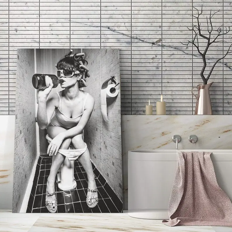 WOMAN ON TOILET Wall Art Canvas Girl On Toilet Print Funny Bathroom Wall Art Woman Smoking Canvas Modern Wall Art Woman Drinking On Toilet
