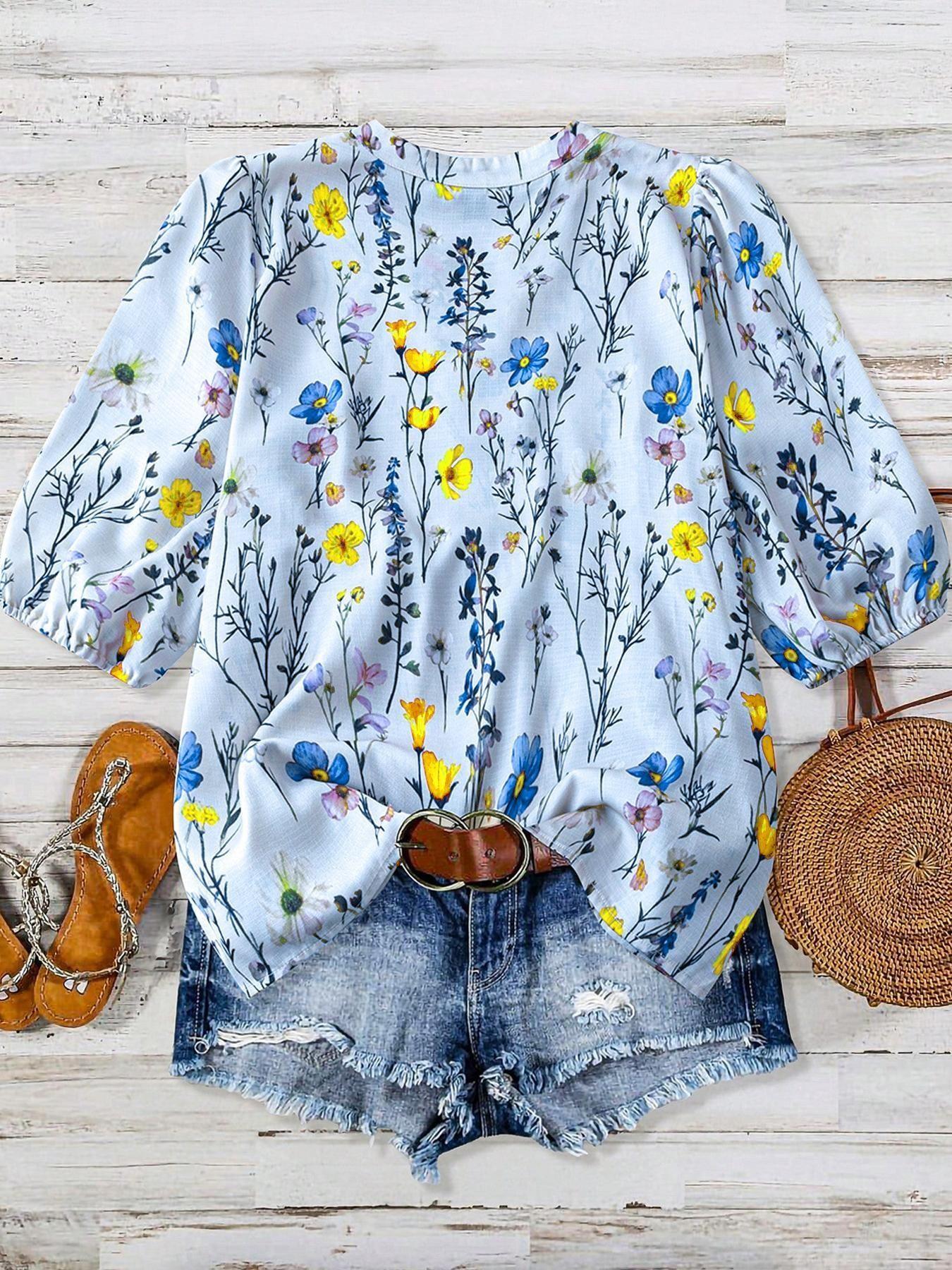 Fresh Wildflower Print V-Neck Bubble Sleeve Loose Doll Top, Casual Vacation Plus Size Shirt, Women's Fashion Blouse, Womenswear